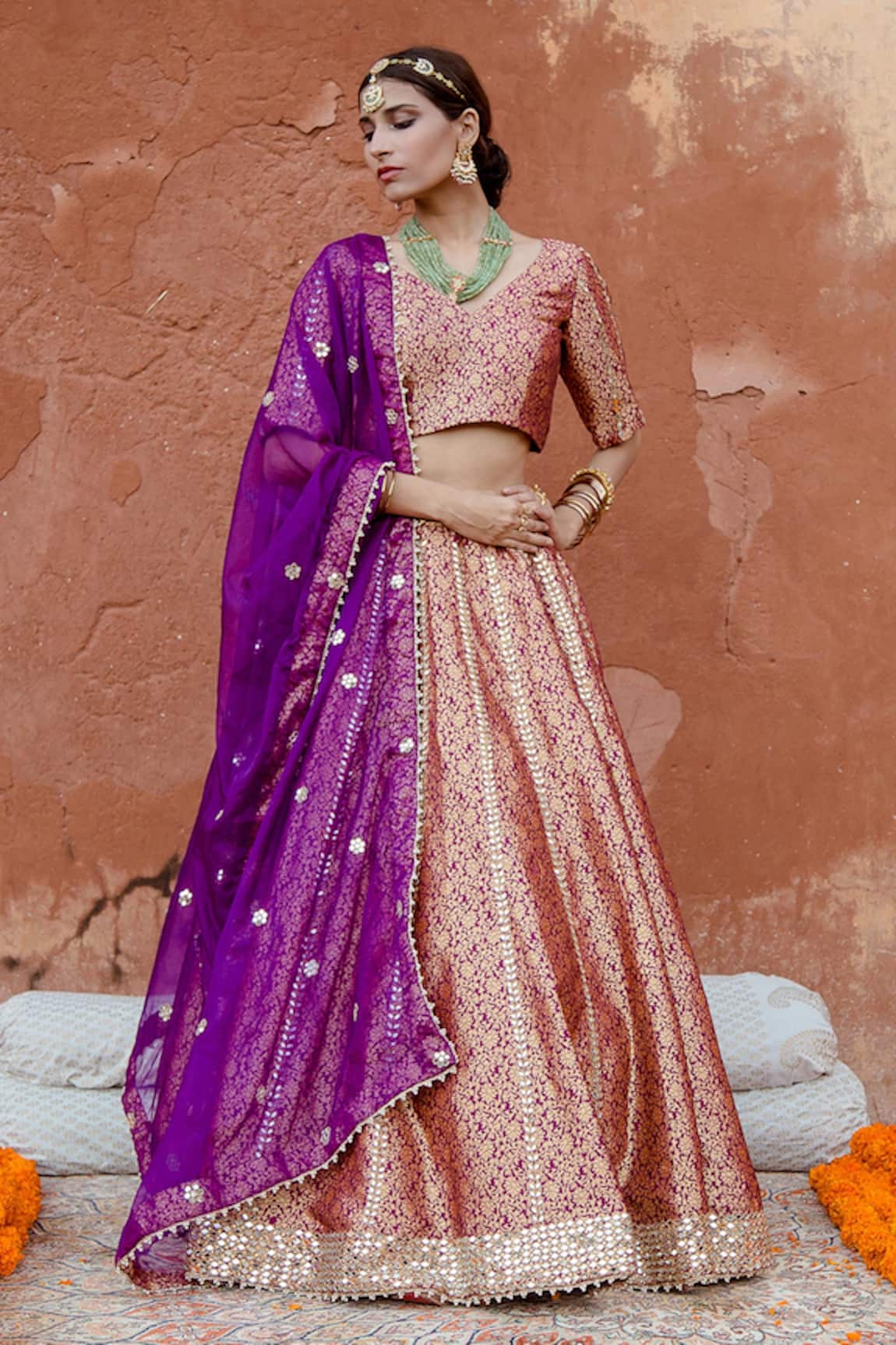 Lehenga Set Sunset Pink and Gold Size LARGE: Krishna Culture