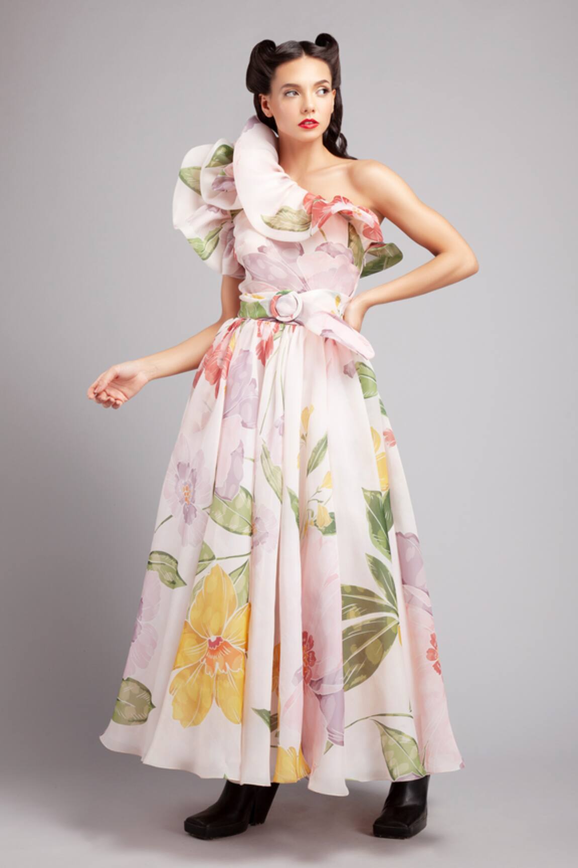 Gauri & Nainika Organza Floral Print One Shoulder Dress