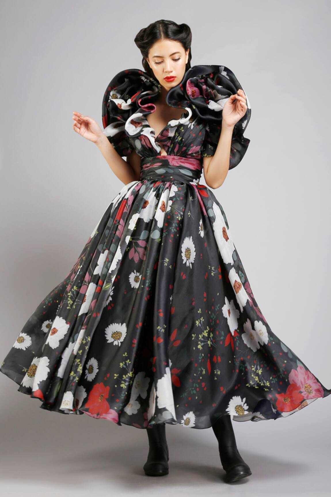 Gauri & Nainika Organza Floral Print Ruffle Dress