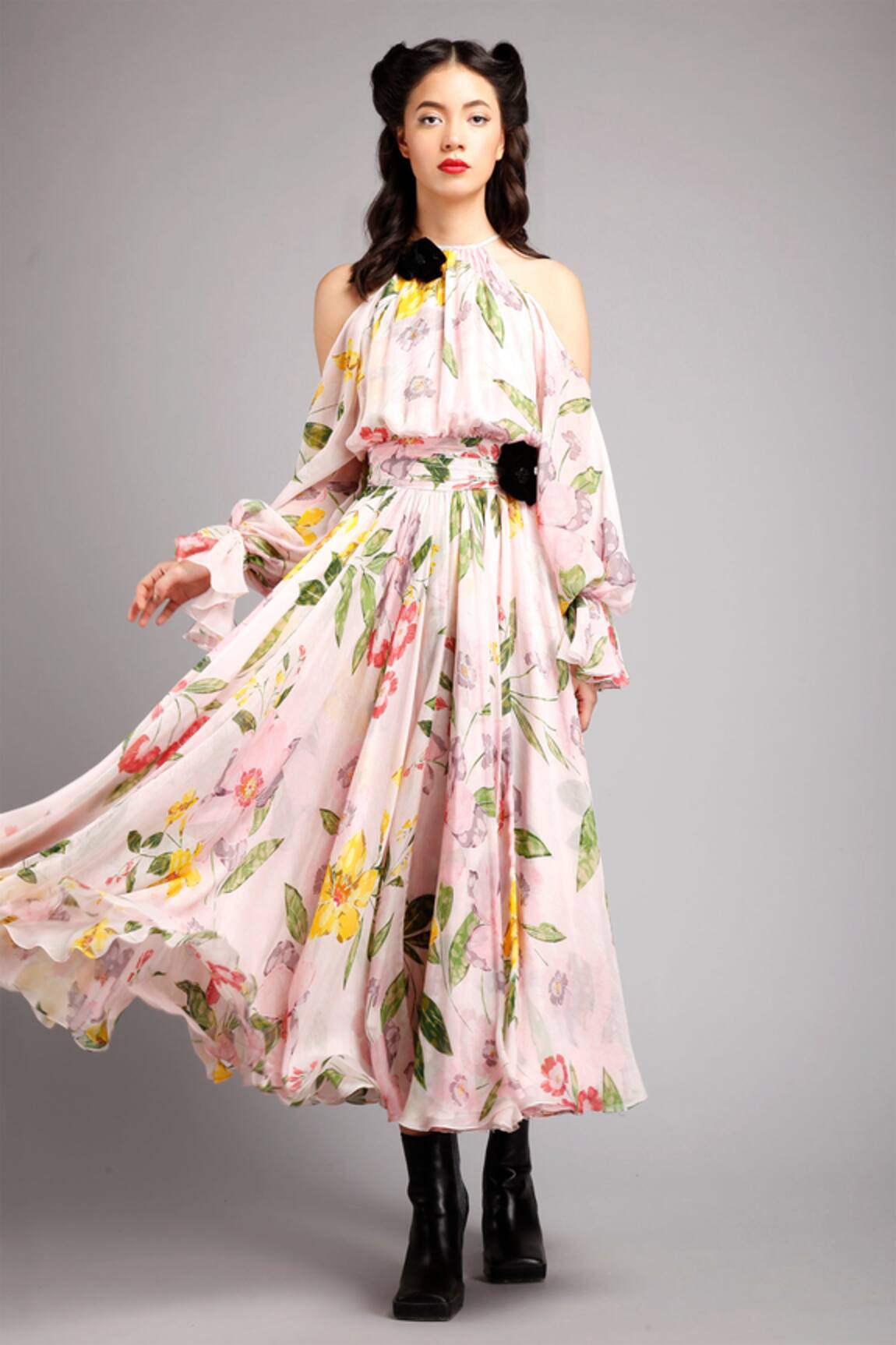 Gauri & Nainika Cold Shoulder Floral Print Dress