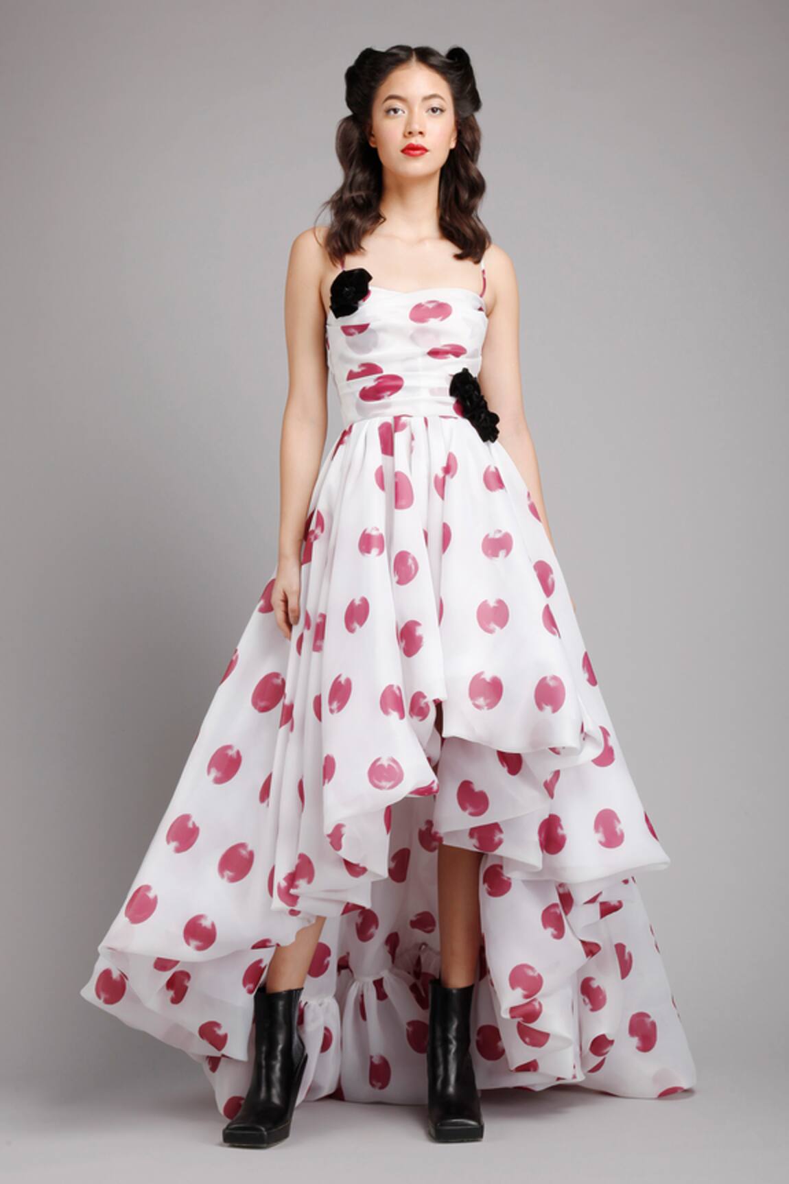 Gauri & Nainika Organza Asymmetric Polka Dot Print Dress 