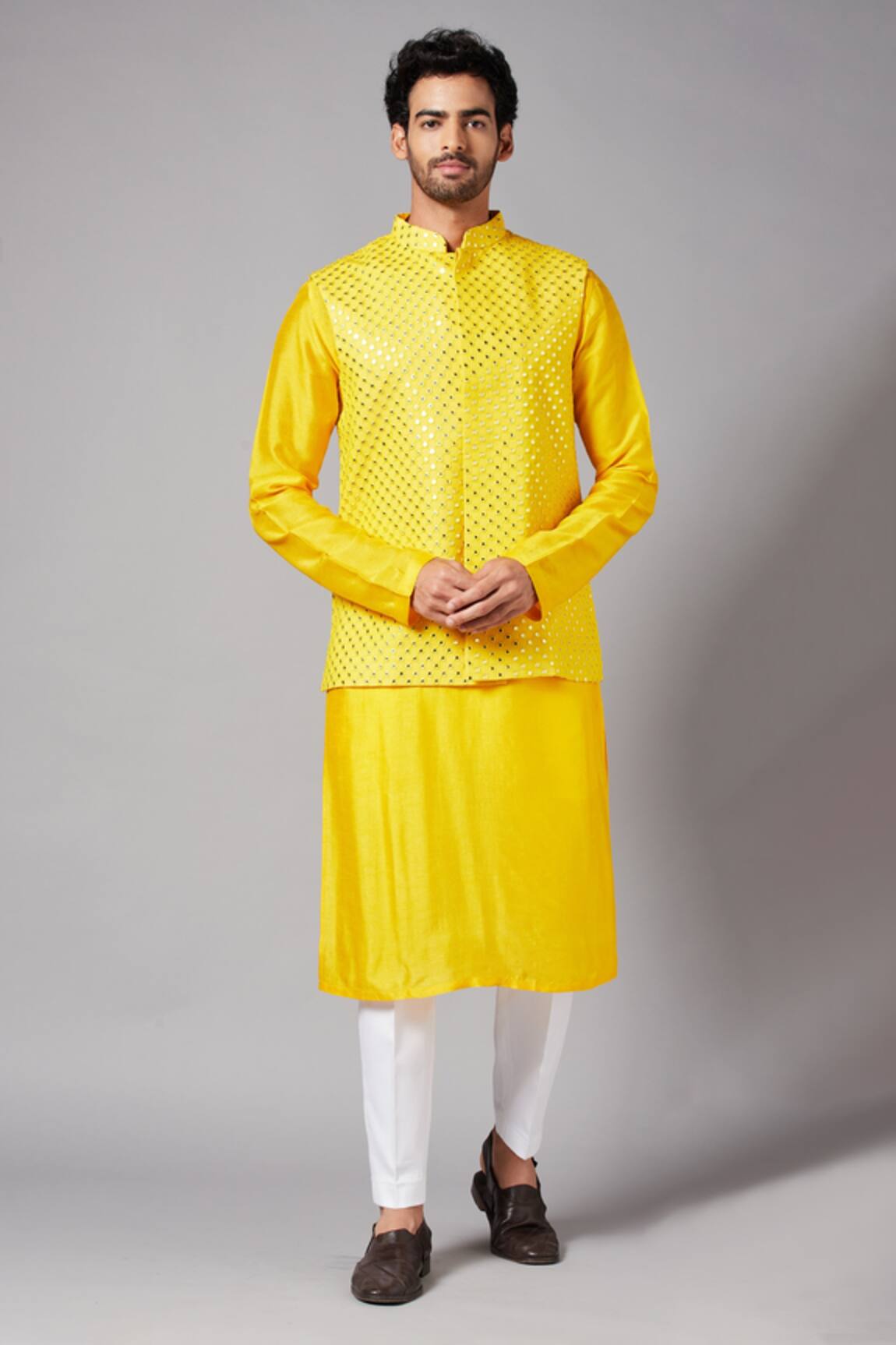 Hilo Design Yellot Mirror Work Bundi & Kurta Set