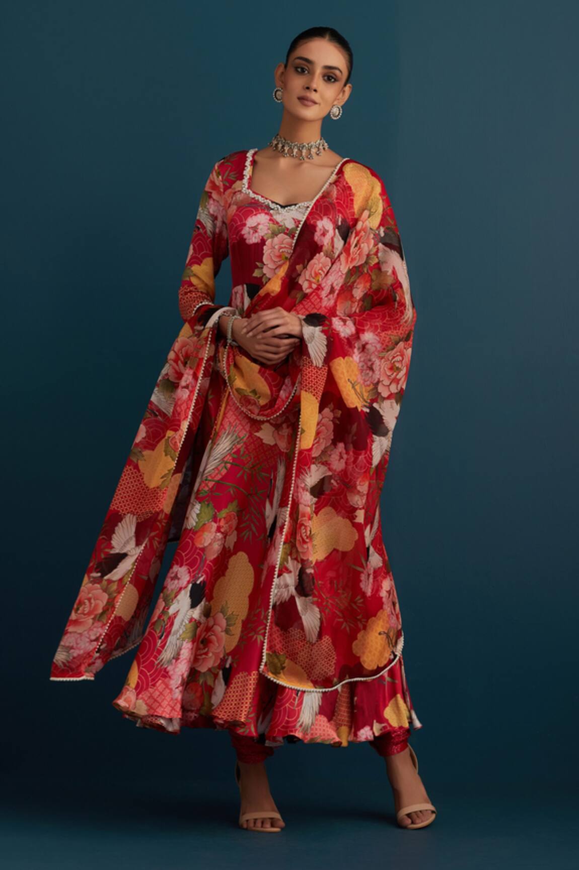 House Of Pink Silk Floral Print Anarkali Set