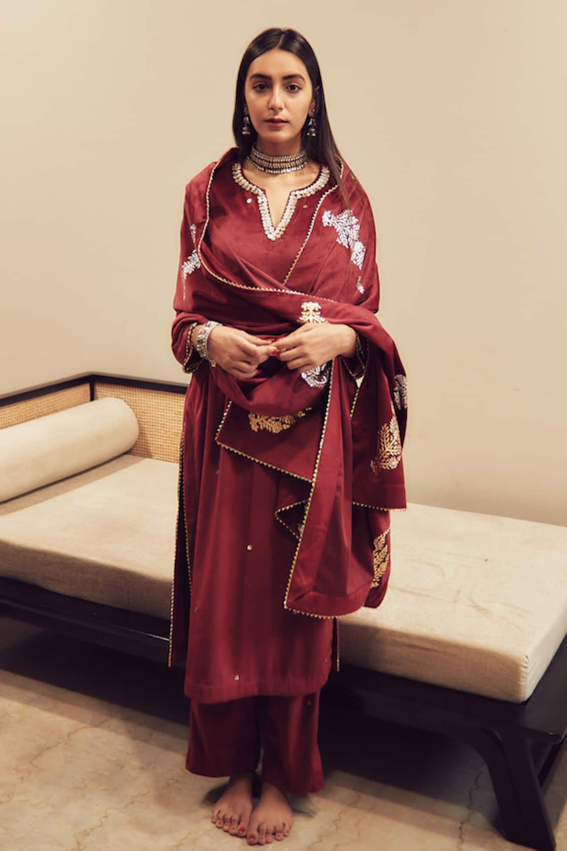 House Of Pink Velvet Embroidered Kurta Set