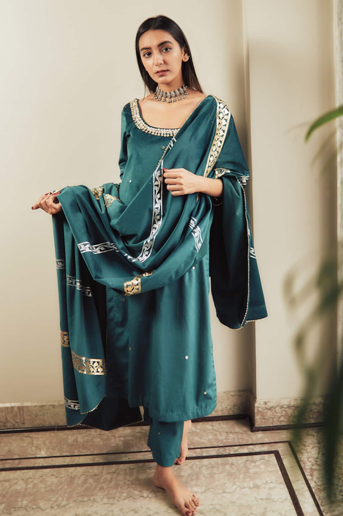 House Of Pink Velvet Embroidered Kurta Set