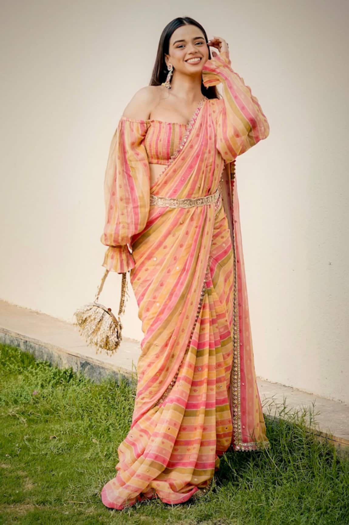 Paulmi and Harsh Multi Striped Pre-Draped Saree Set 