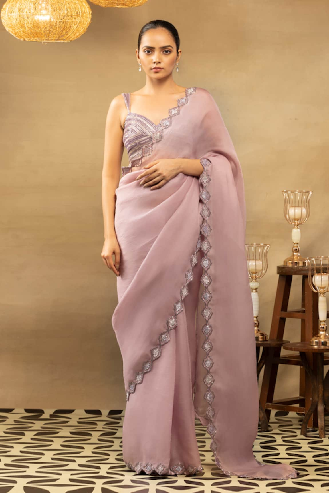 ISHA & SHREYA Sahar Embroidered Border Saree With Blouse