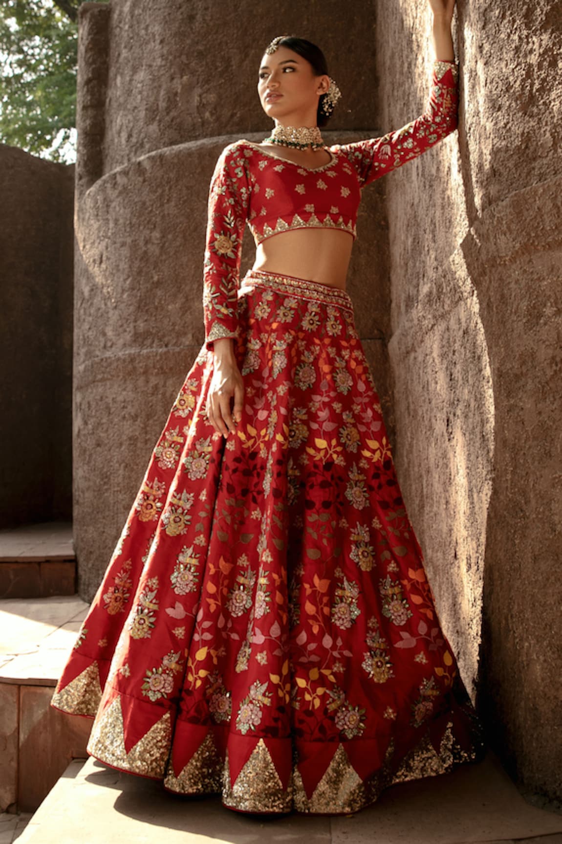 Ahanthem by Reena Raw Silk Floral Embroidered Bridal Lehenga Set