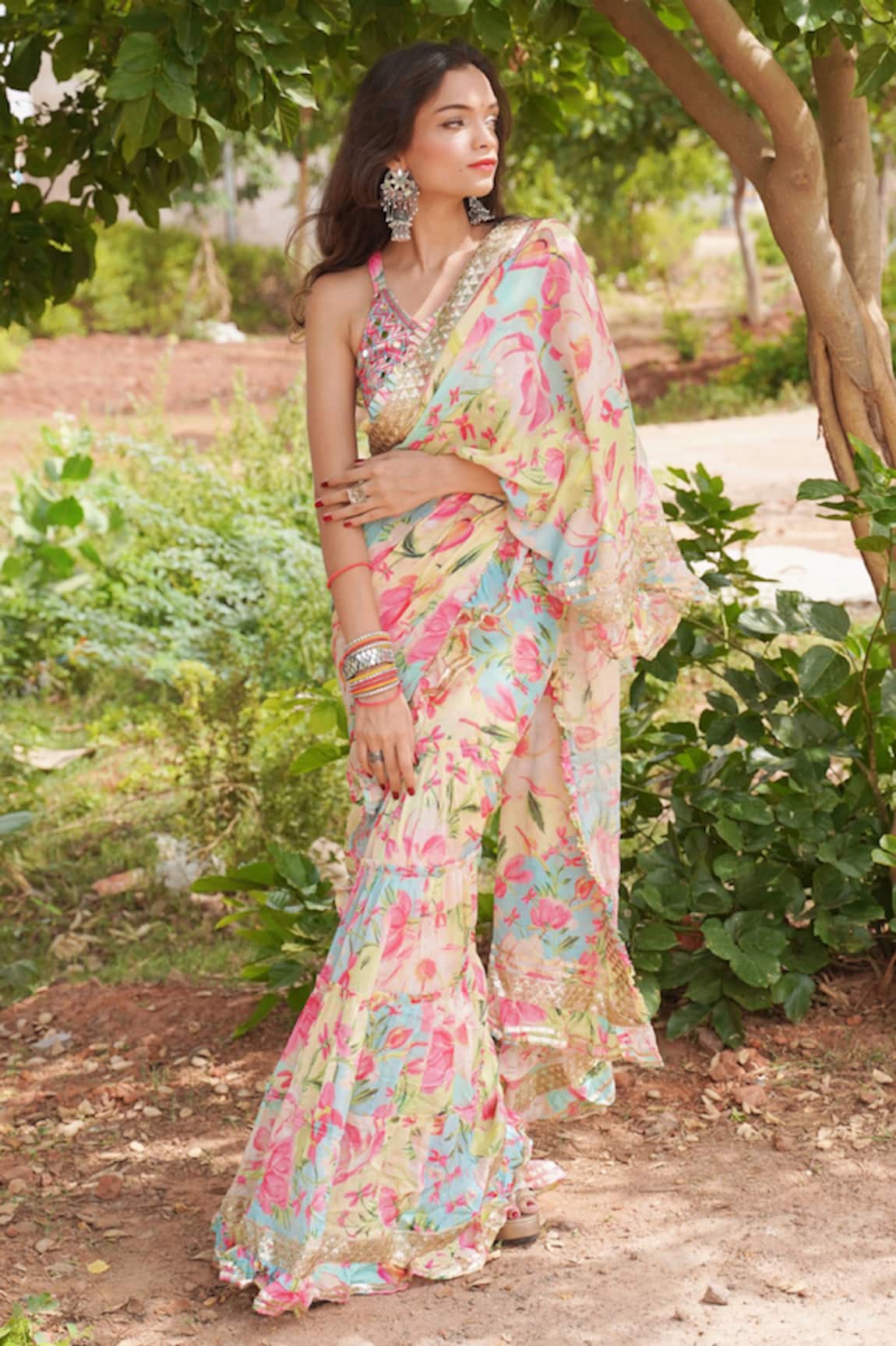 Gopi Vaid Floral Print Saree With Blouse