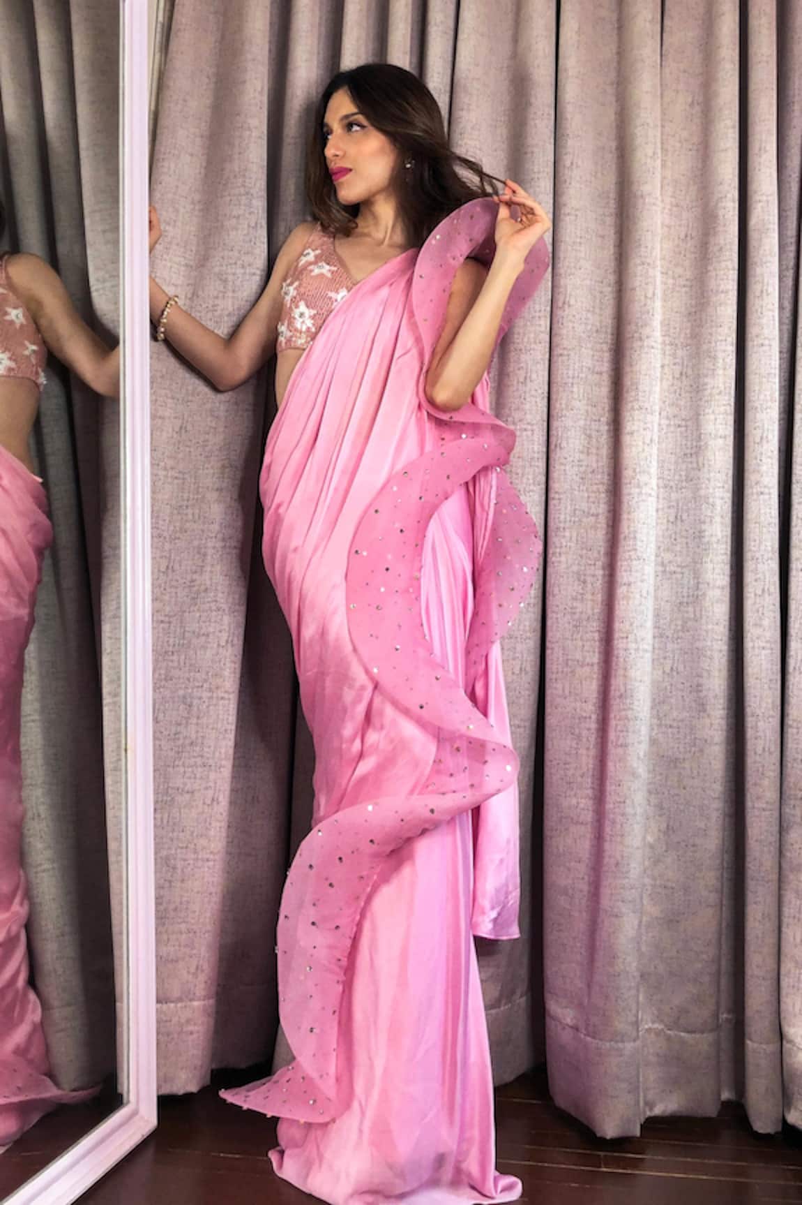 Cherie D Ruffle Pre-Draped Saree with Blouse