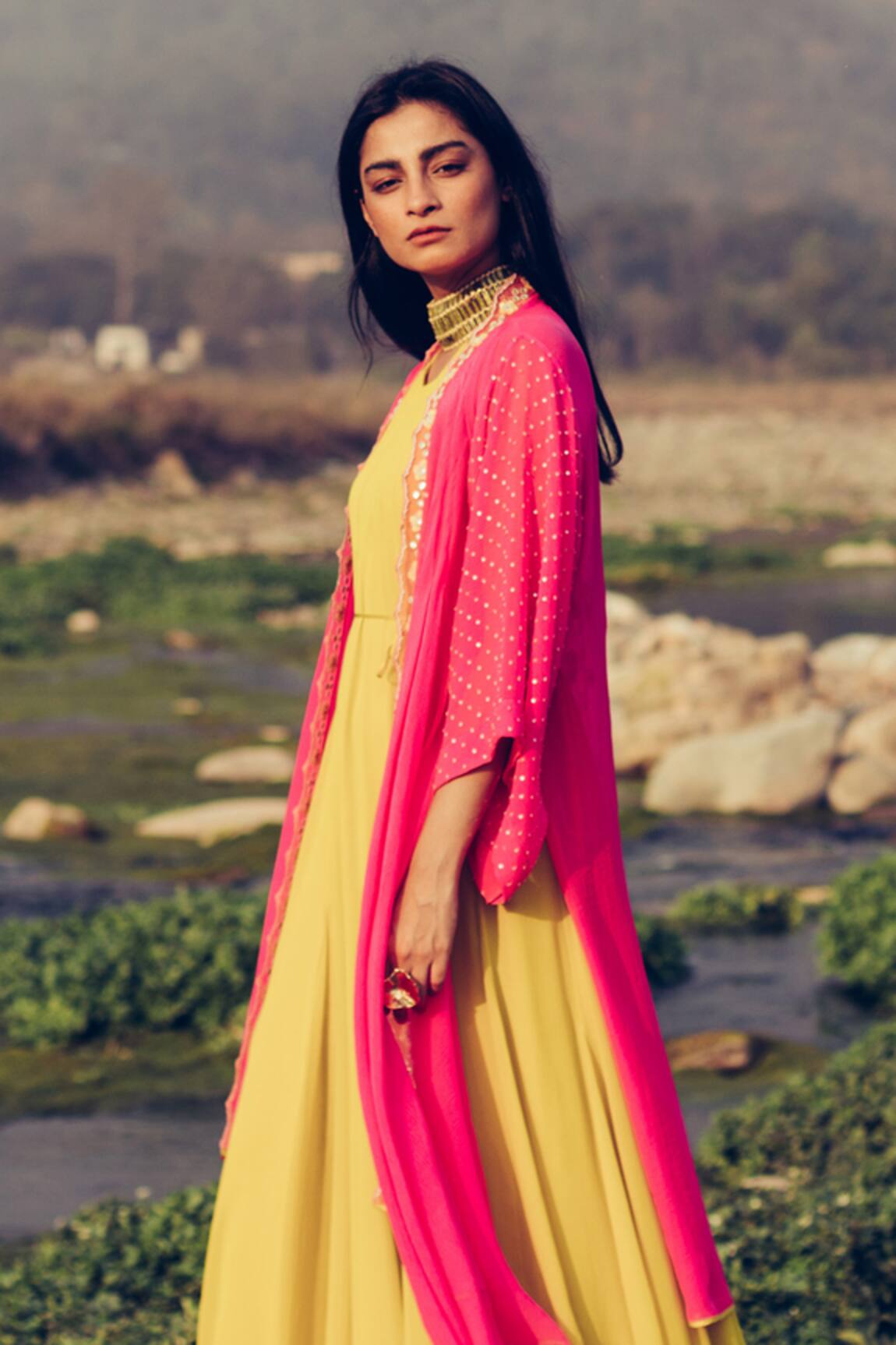 Madzin Pleated Jumpsuit with Embroidered Cape