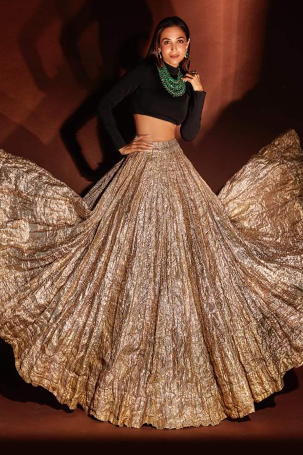 Glamorous in Gold: Handcrafted Peplum Crop Top Lehenga for Your Party