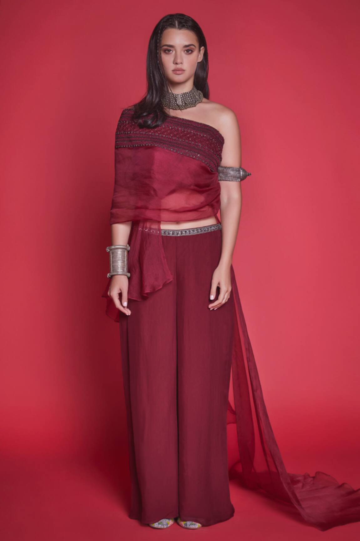 Jade By Monica & Karishma Organza One Shoulder Top & Pant Set