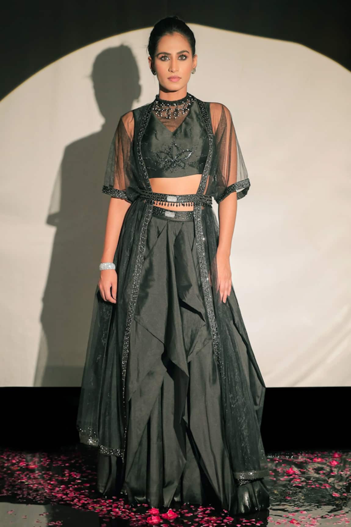 Jubinav Chadha Shimmer Cape & Draped Skirt Set