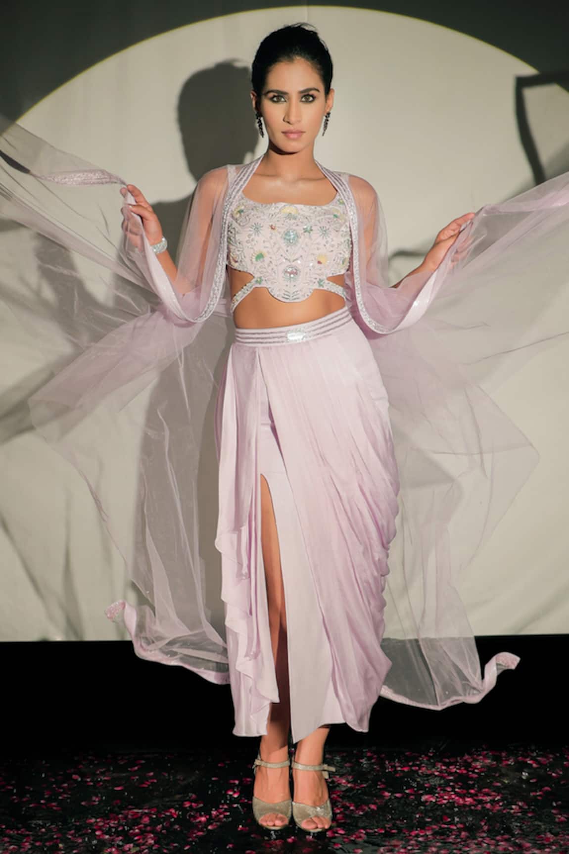 Jubinav Chadha Waterfall Embroidered Cape & Draped Skirt Set 