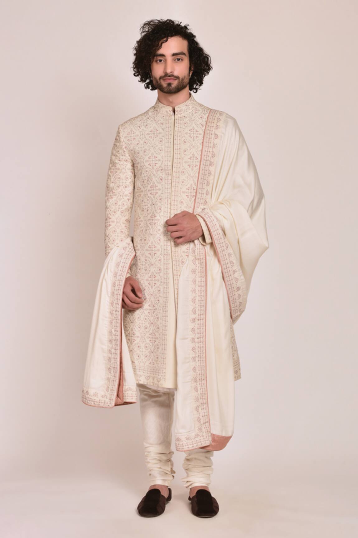 Jatin Malik Linen Silk Embroidered Sherwani Set 