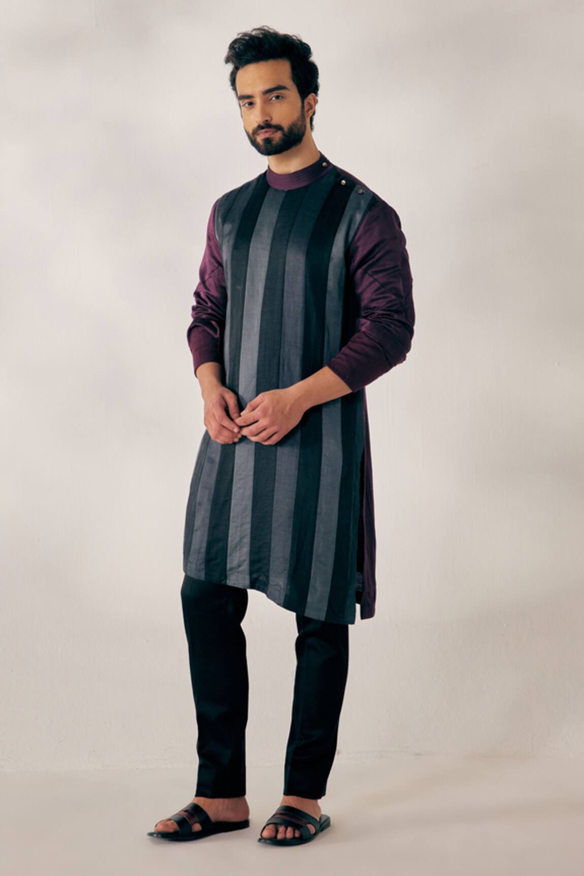 Jatin Malik Linen Silk Striped Kurta Set 