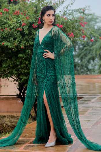 Jigar Mali Cape Sleeve Gown 