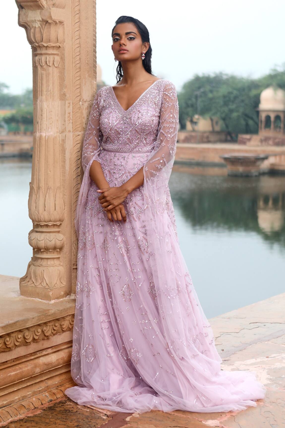 Jigar Mali Embellished Cape Sleeve Gown