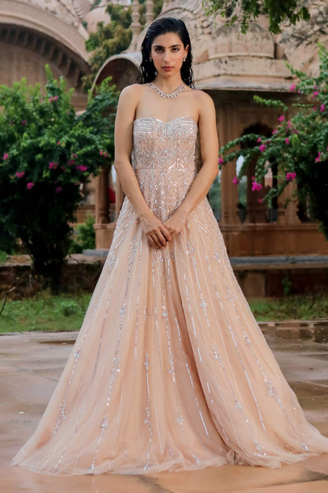 Jigar Mali Sequin Embellished Flared Gown