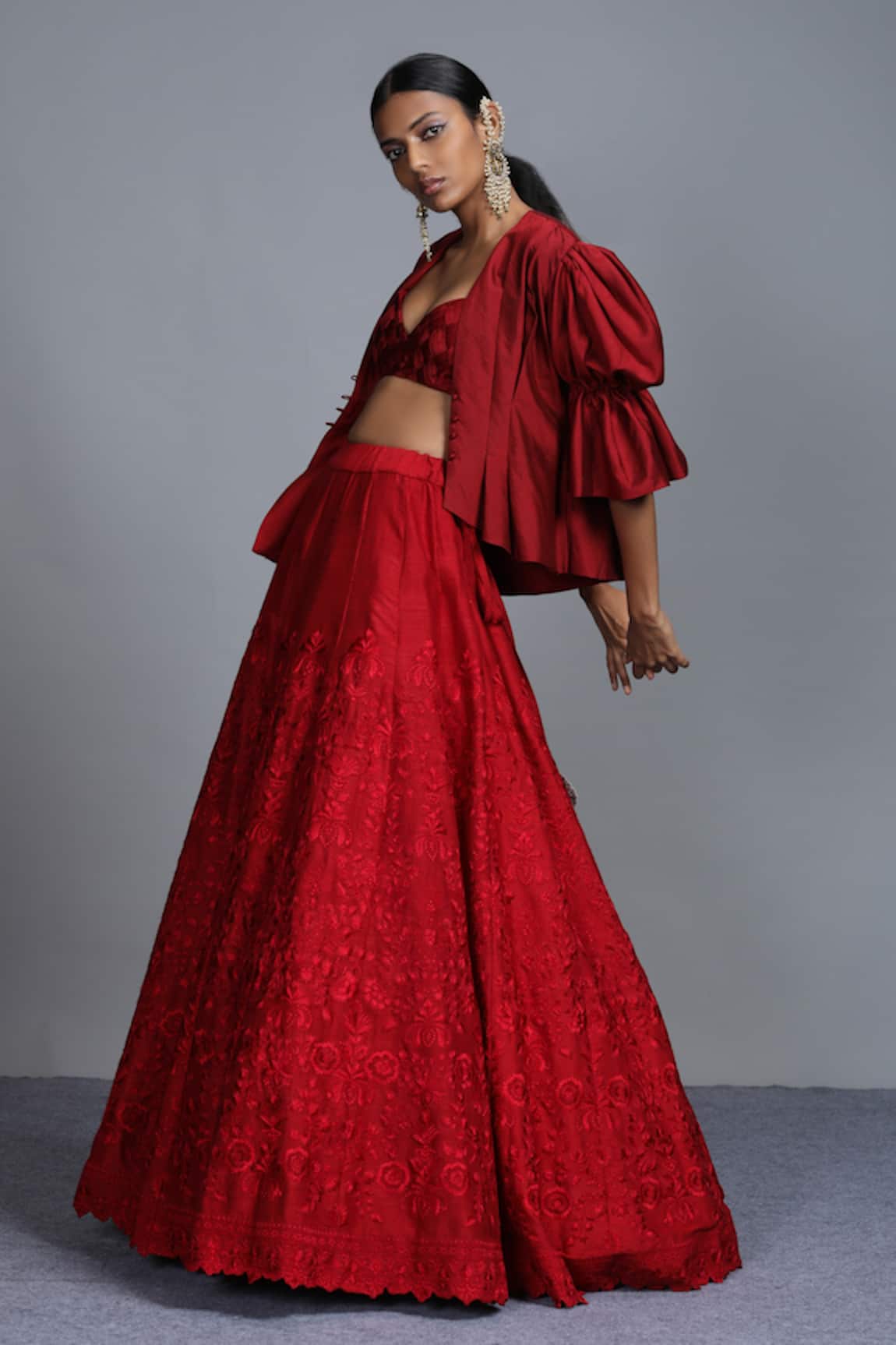 Jayanti Reddy Puff Sleeve Jacket & Lehenga Set 