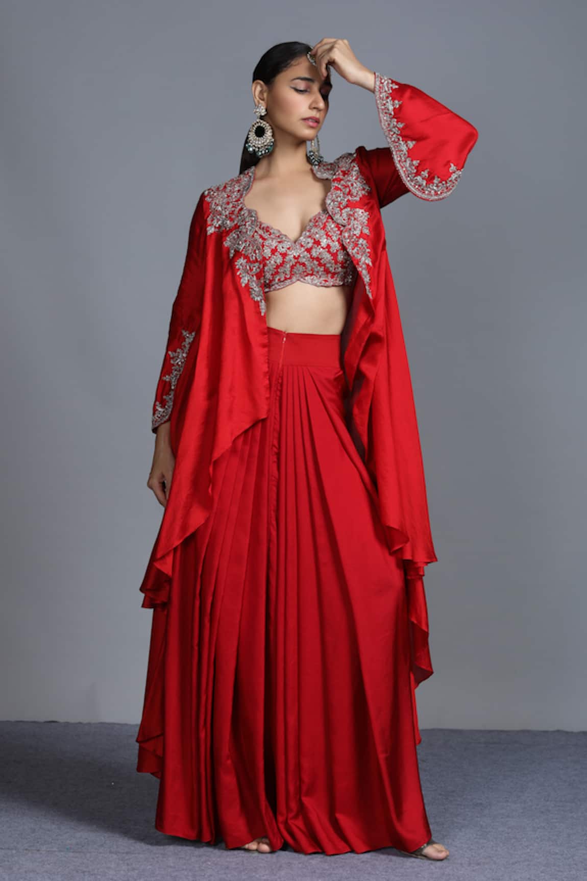 Jayanti Reddy Silk Embroidered Jacket & Skirt Set 