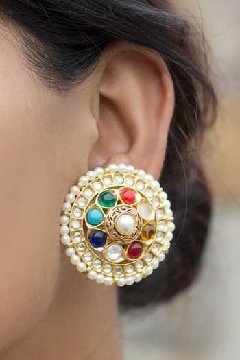 Just Shradhas Gold Circular Stud Earrings with Polki Stones 