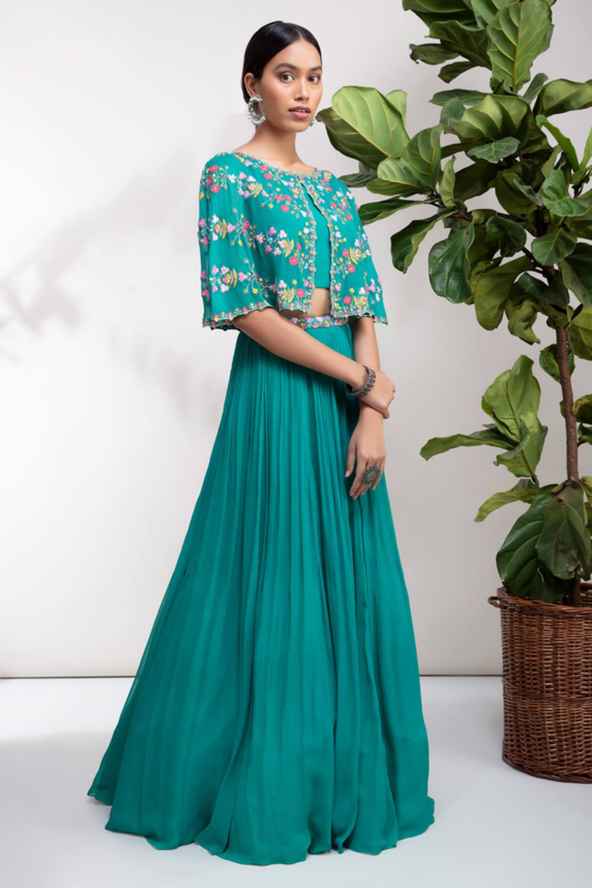 Aneesh Agarwaal Embroidered Cape Lehenga Set 