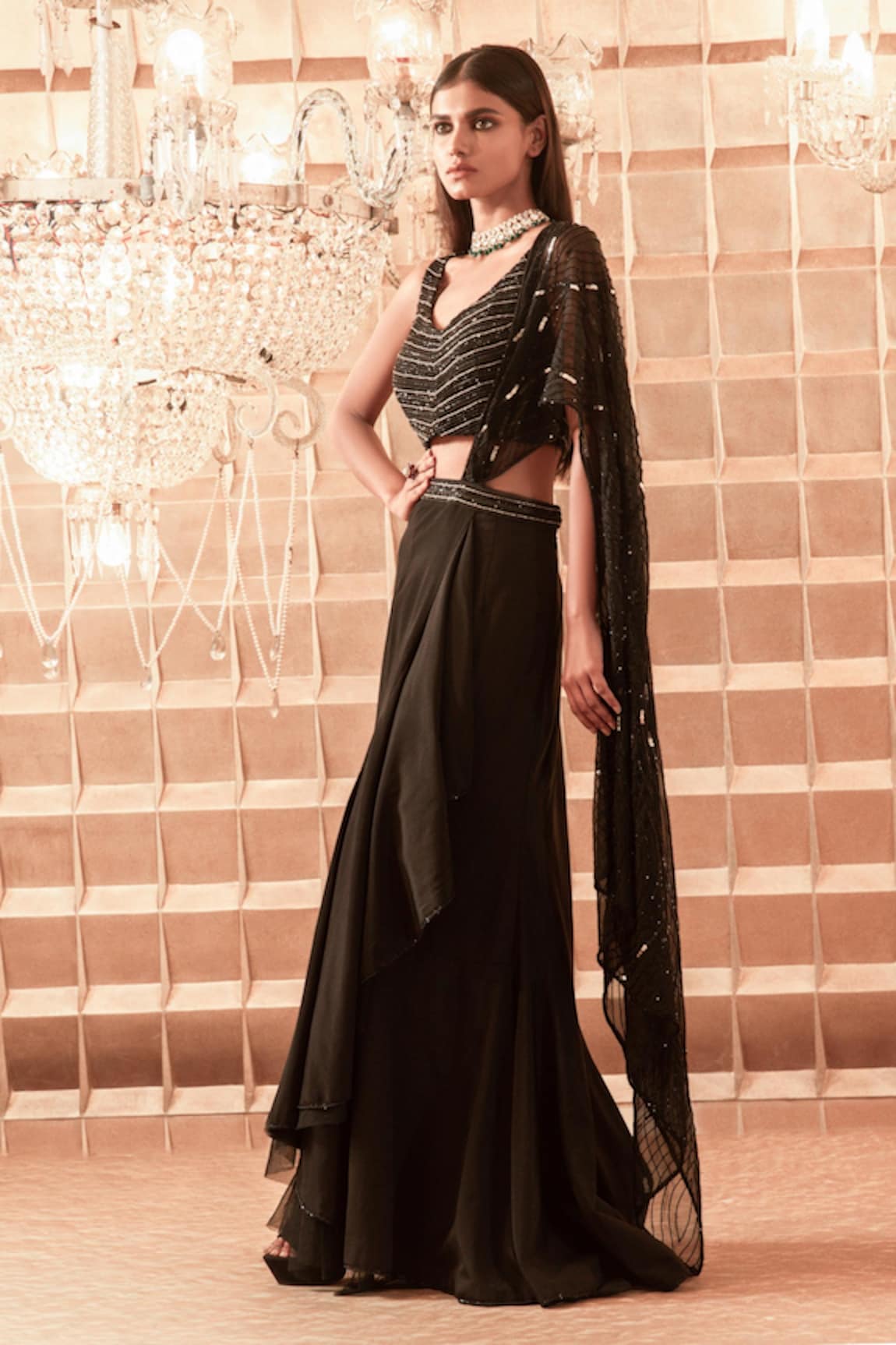 Nikah Outfit Black Halter Neck Blouse Lehenga UK