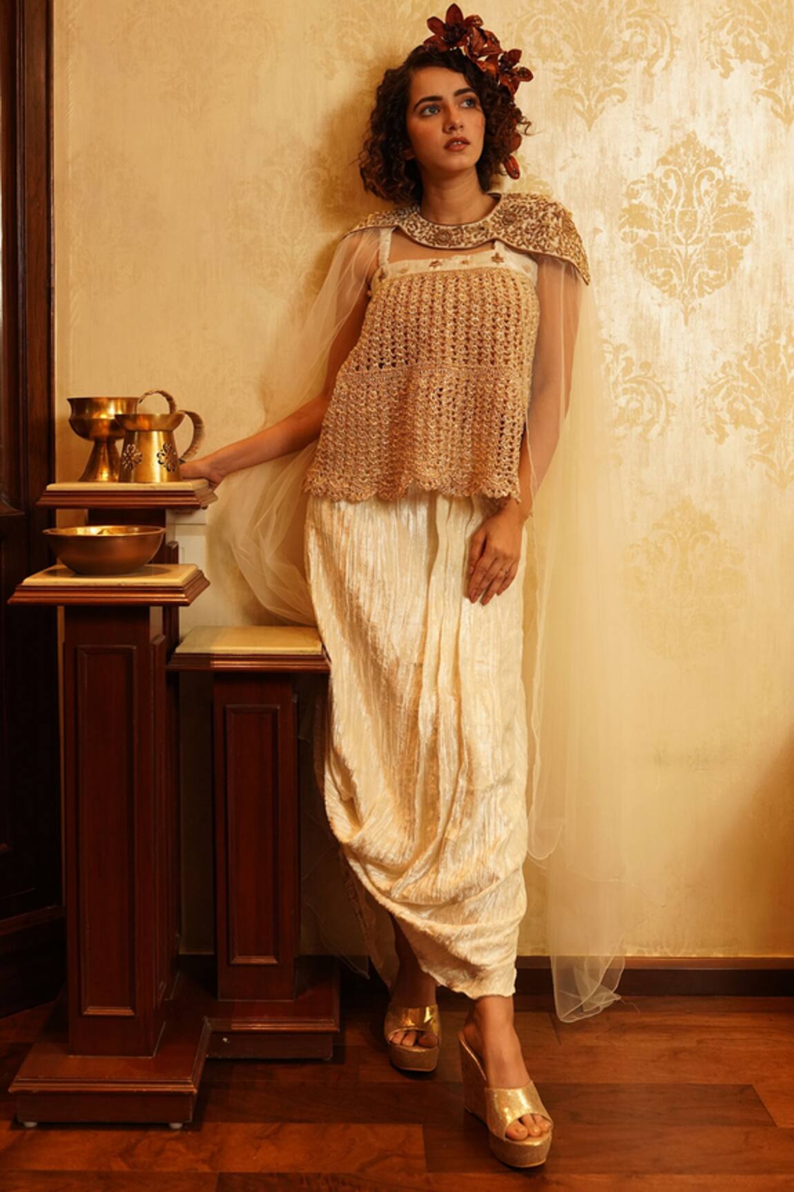 Nikita Vishakha Sahiba Cowl Skirt Set With Cape