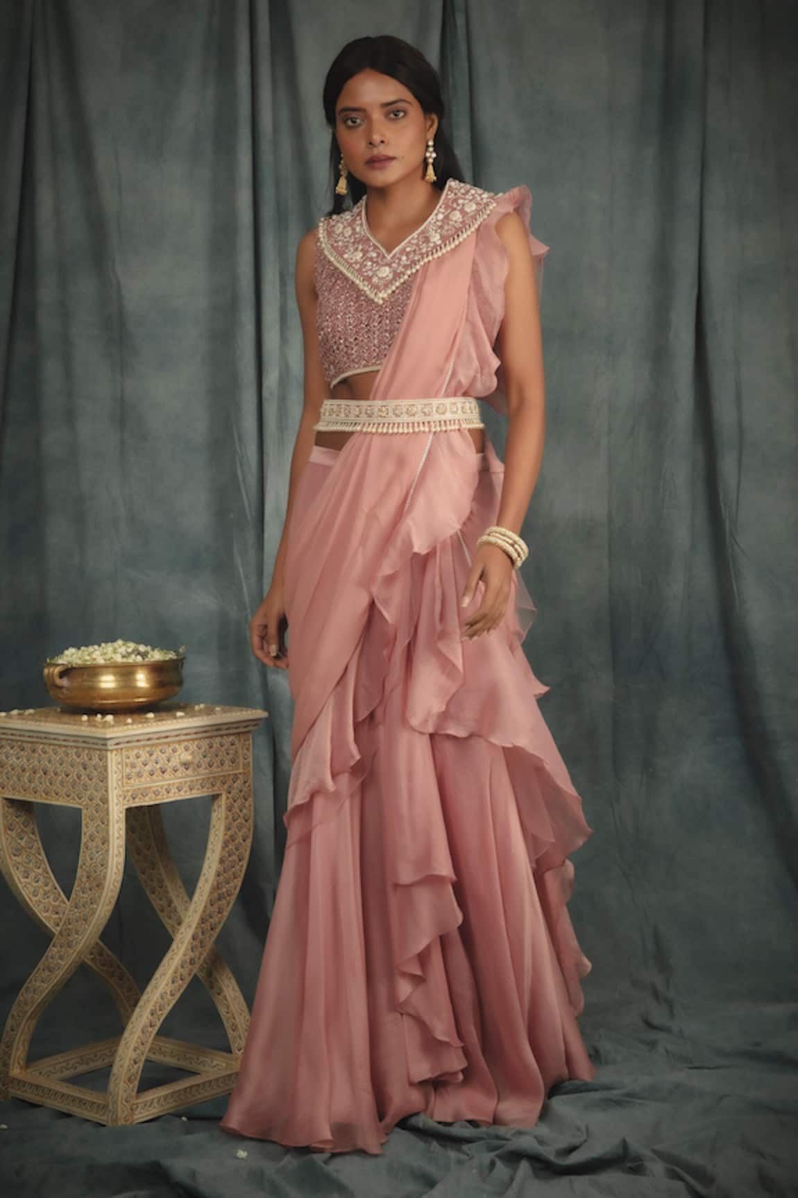 Nikita Vishakha Organza Pre-Draped Saree With Blouse 