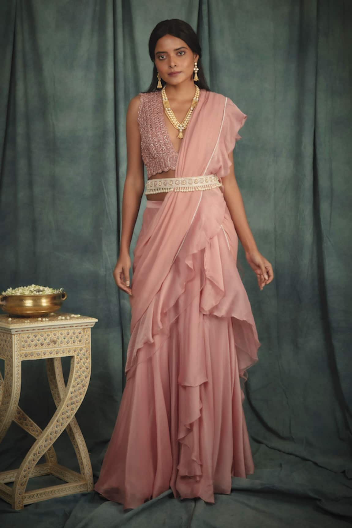 Nikita Vishakha Organza Pre-Draped Saree With Blouse 