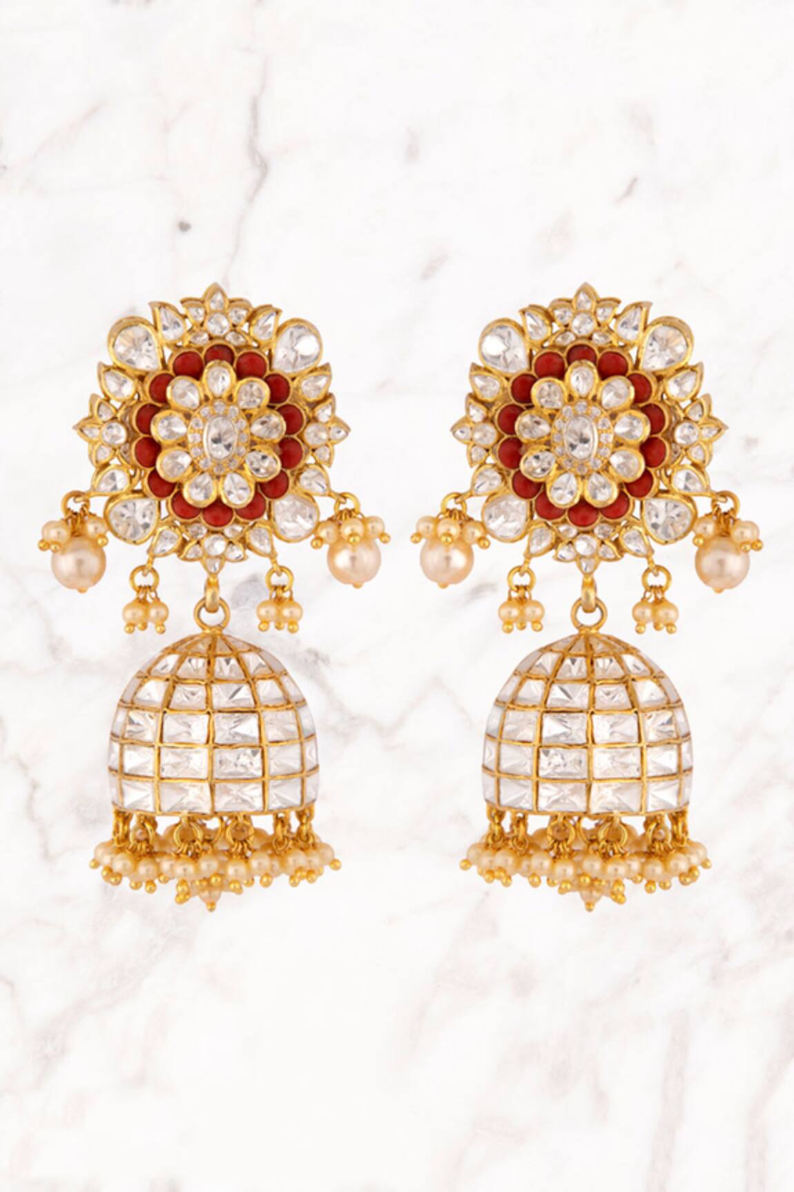 Kaari Floral Polki Jhumkas with Pearl & Coral
