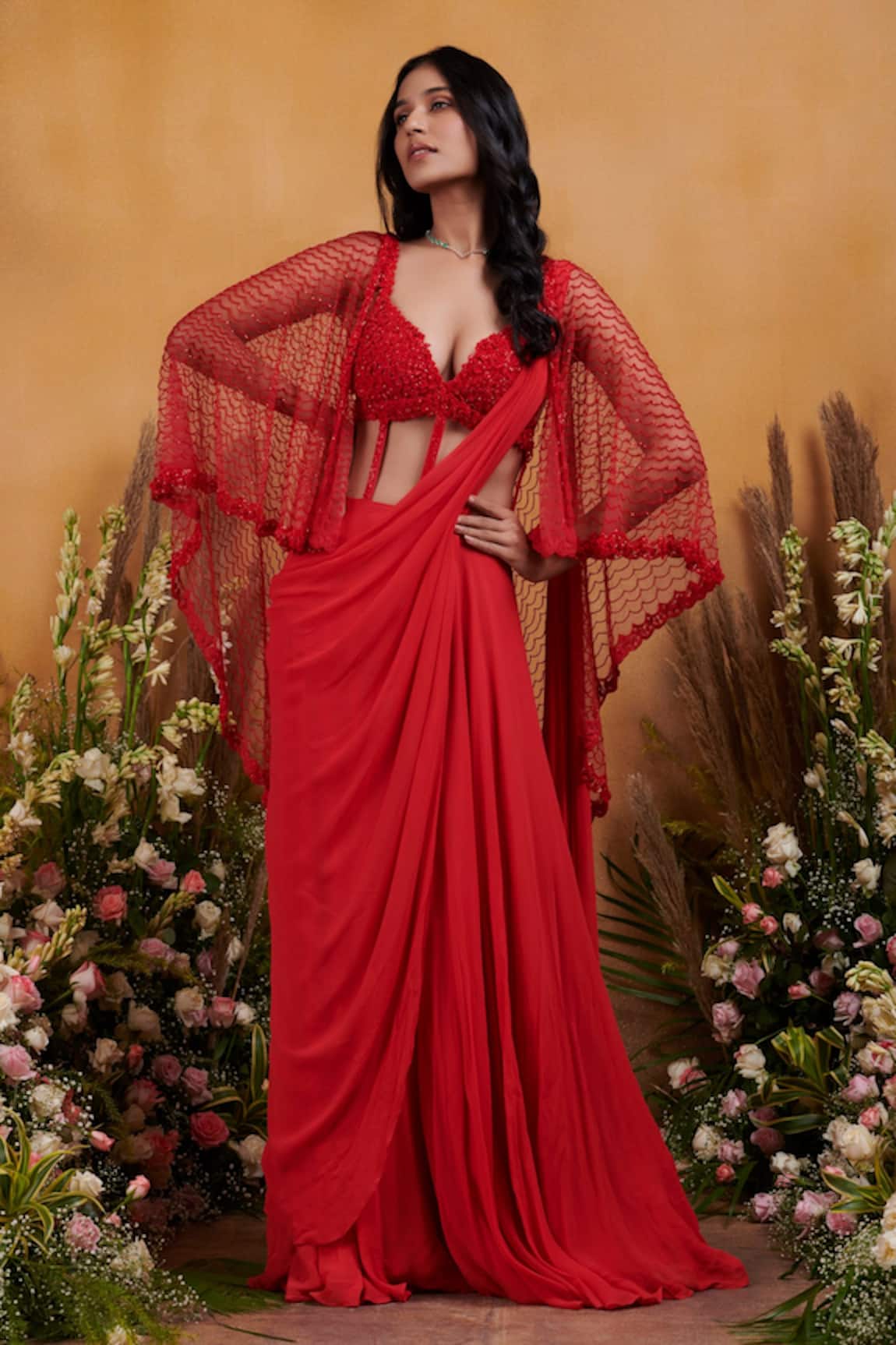 K&A By Karishma and Ashita Hibiscus Jumpsuit With Embellished Cape