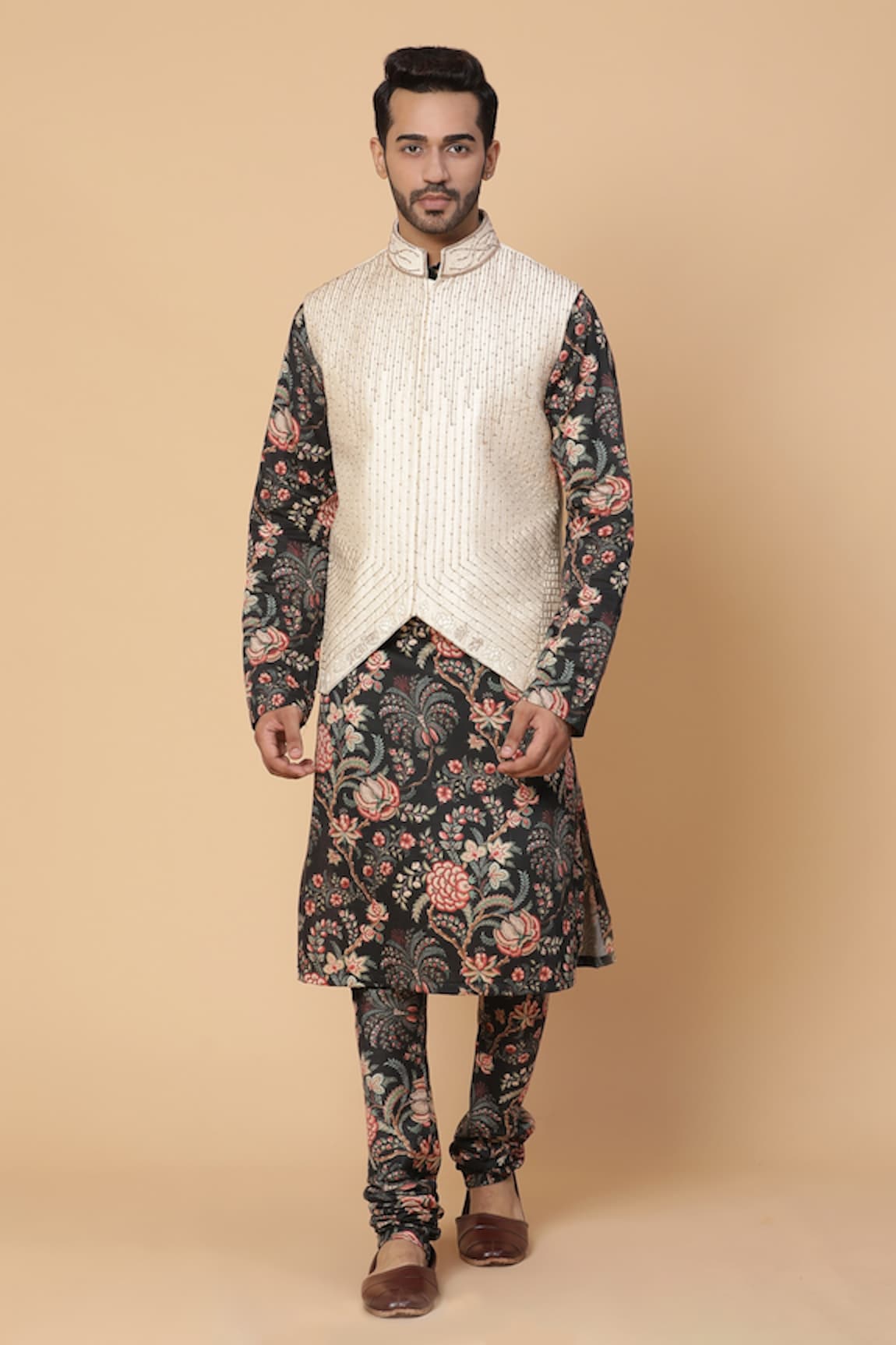 Kudrat Couture Bundi With Floral Print Kurta Set