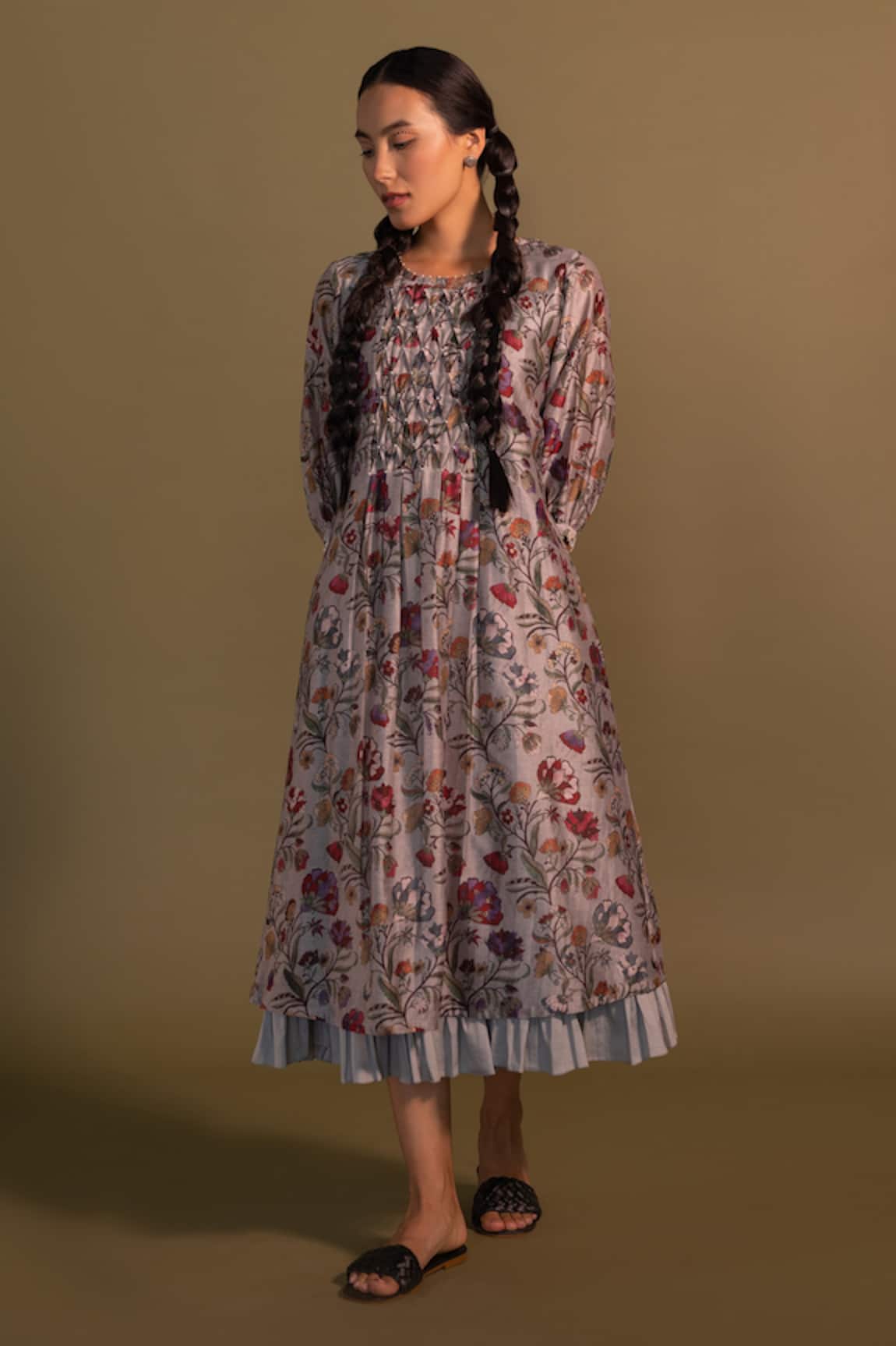 Khamaj India Kefi Floral Print Smocked Dress