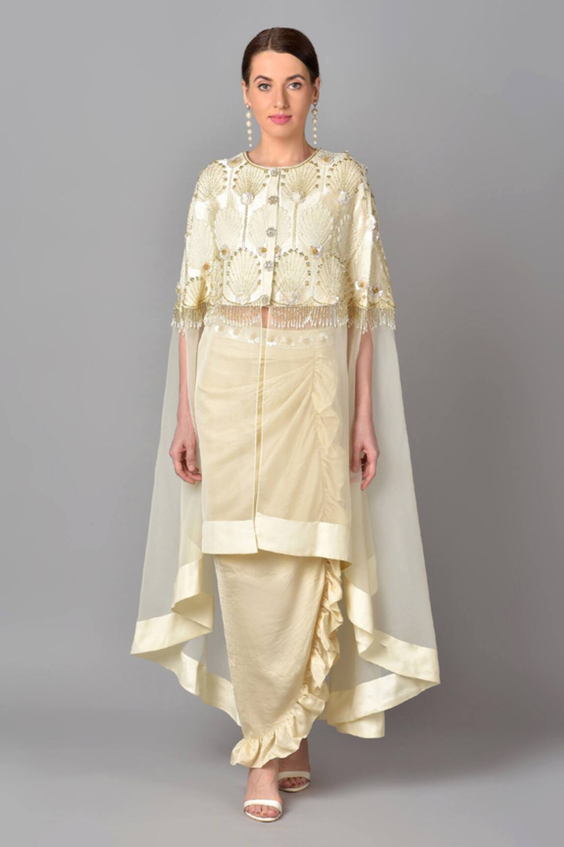 Keith Gomes Embroidered Cape & Silk Skirt Set