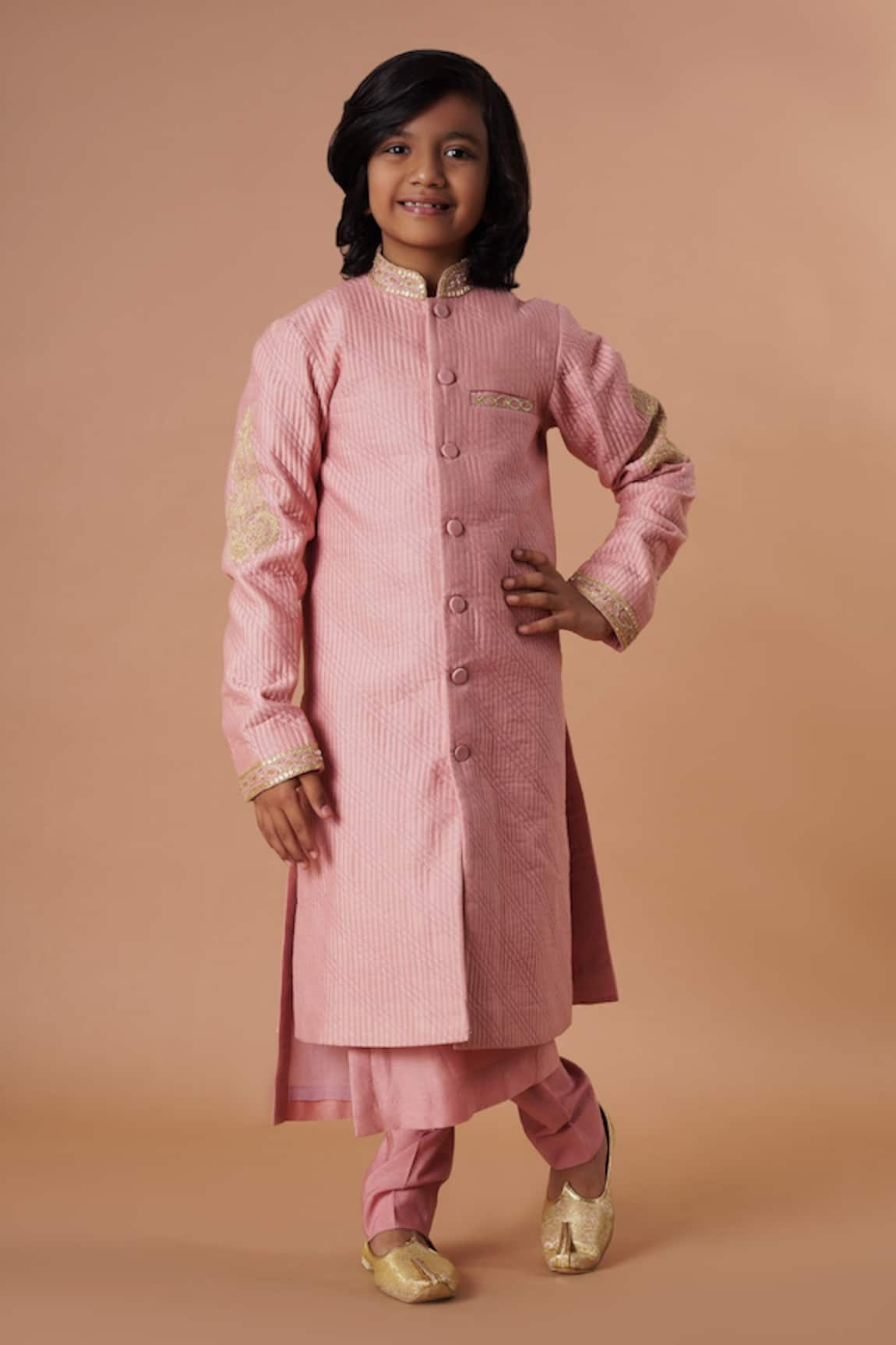 Rar studio - Kids Chanderi Embroidered Sherwani Set