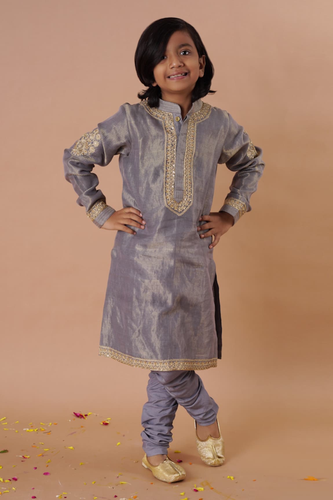 Rar studio - Kids Chanderi Embroidered Kurta & Churidar Set