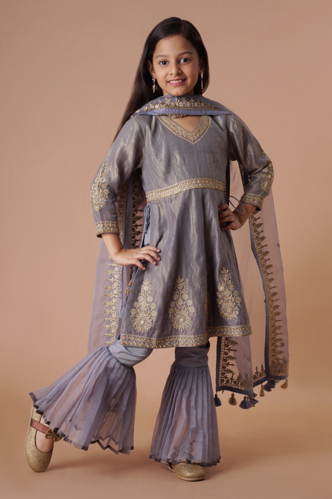 Rar studio - Kids Chanderi Embroidered Kurta Sharara Set