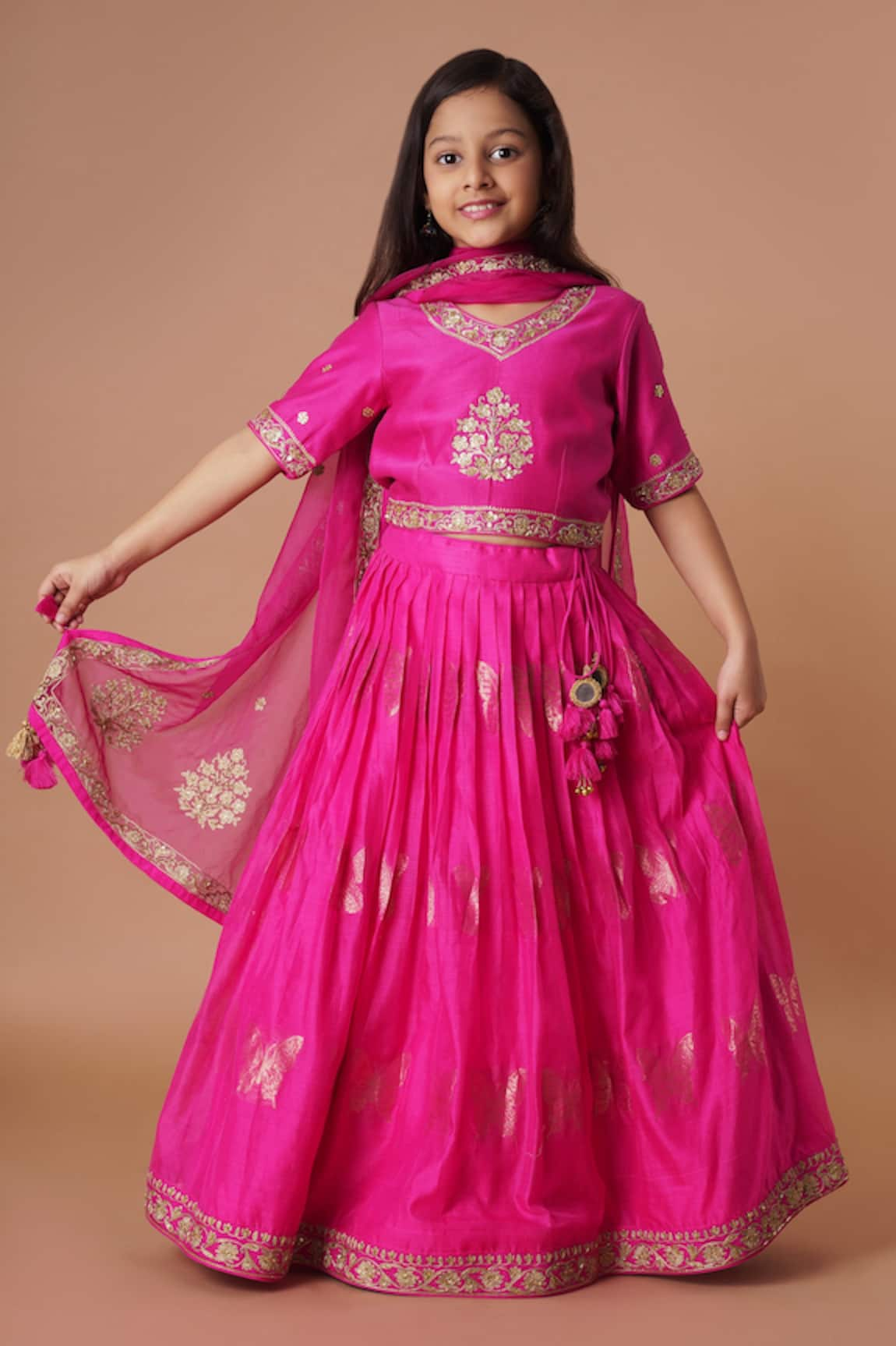 Rar studio - Kids Chanderi Woven Pleated Lehenga Set