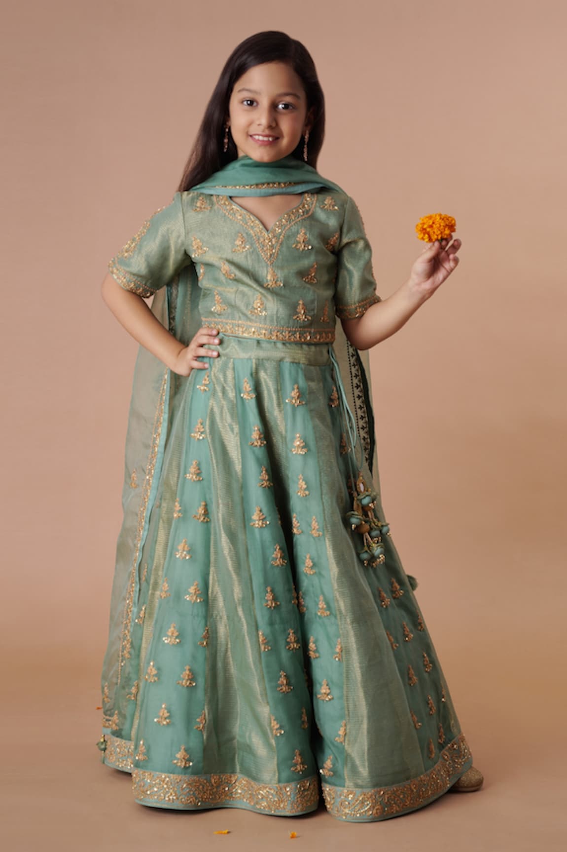 Rar studio - Kids Chanderi Embroidered Lehenga Set