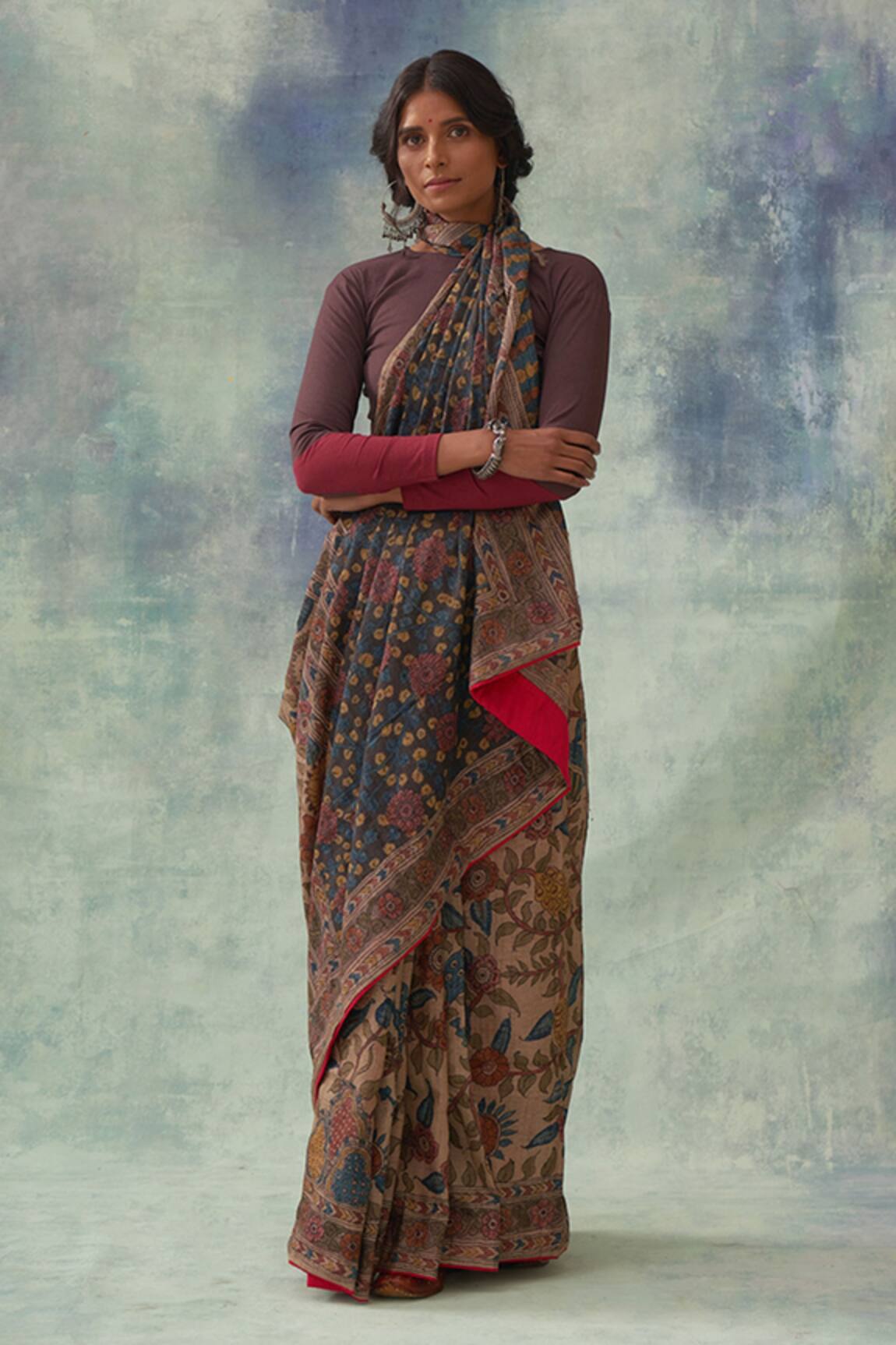 Kasturi Kundal Chandan Kalamkari Tussar Silk Saree
