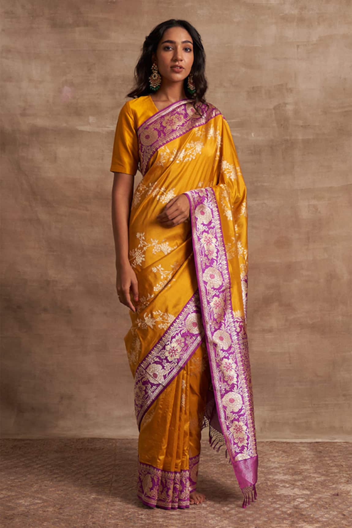 Buy Women's Kanjivaram Soft Lichi Silk Saree With Blouse Piece (Purple  Yellow) at Amazon.in