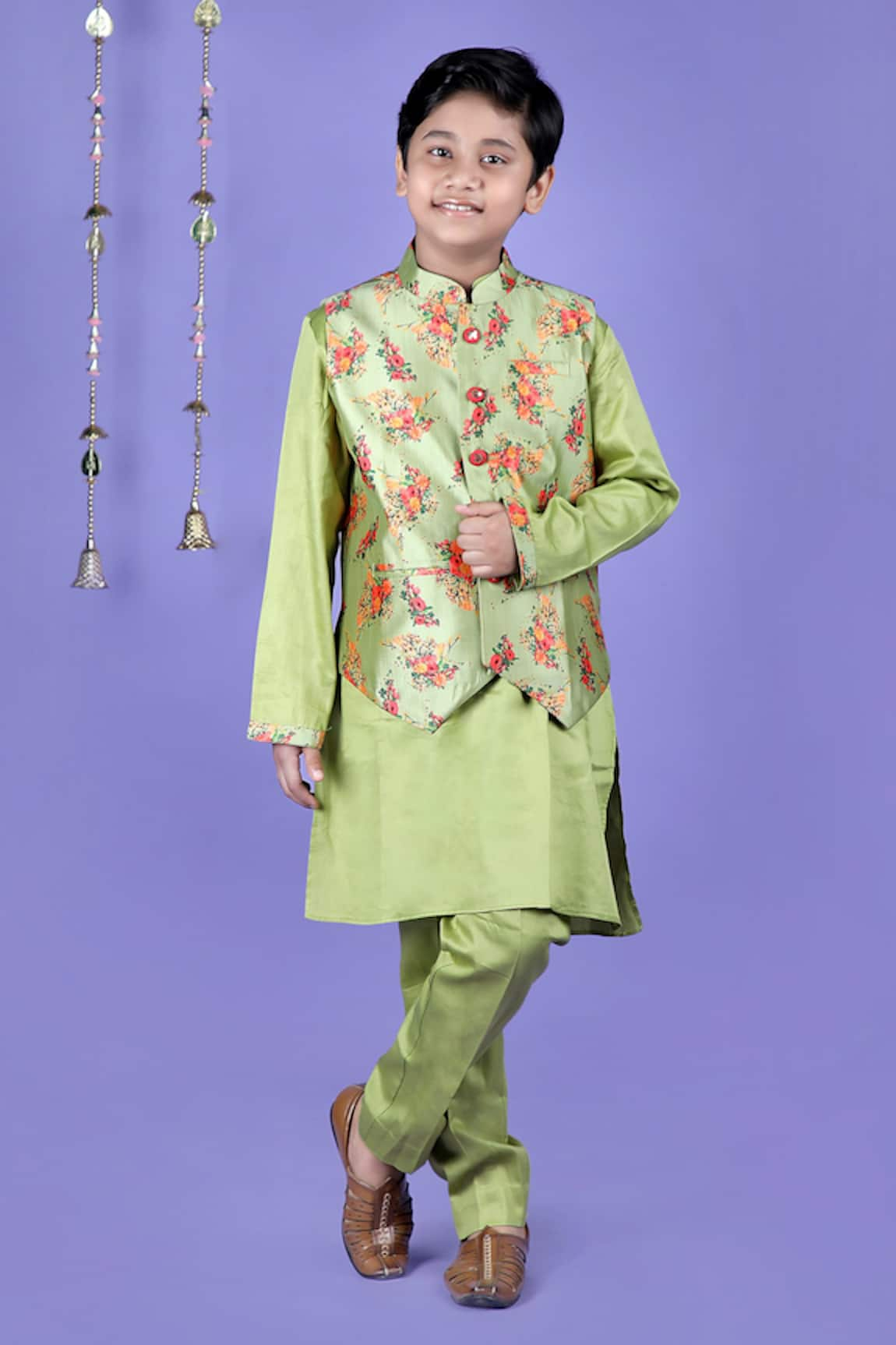 Kids Lane Floral Print Bundi & Kurta Set