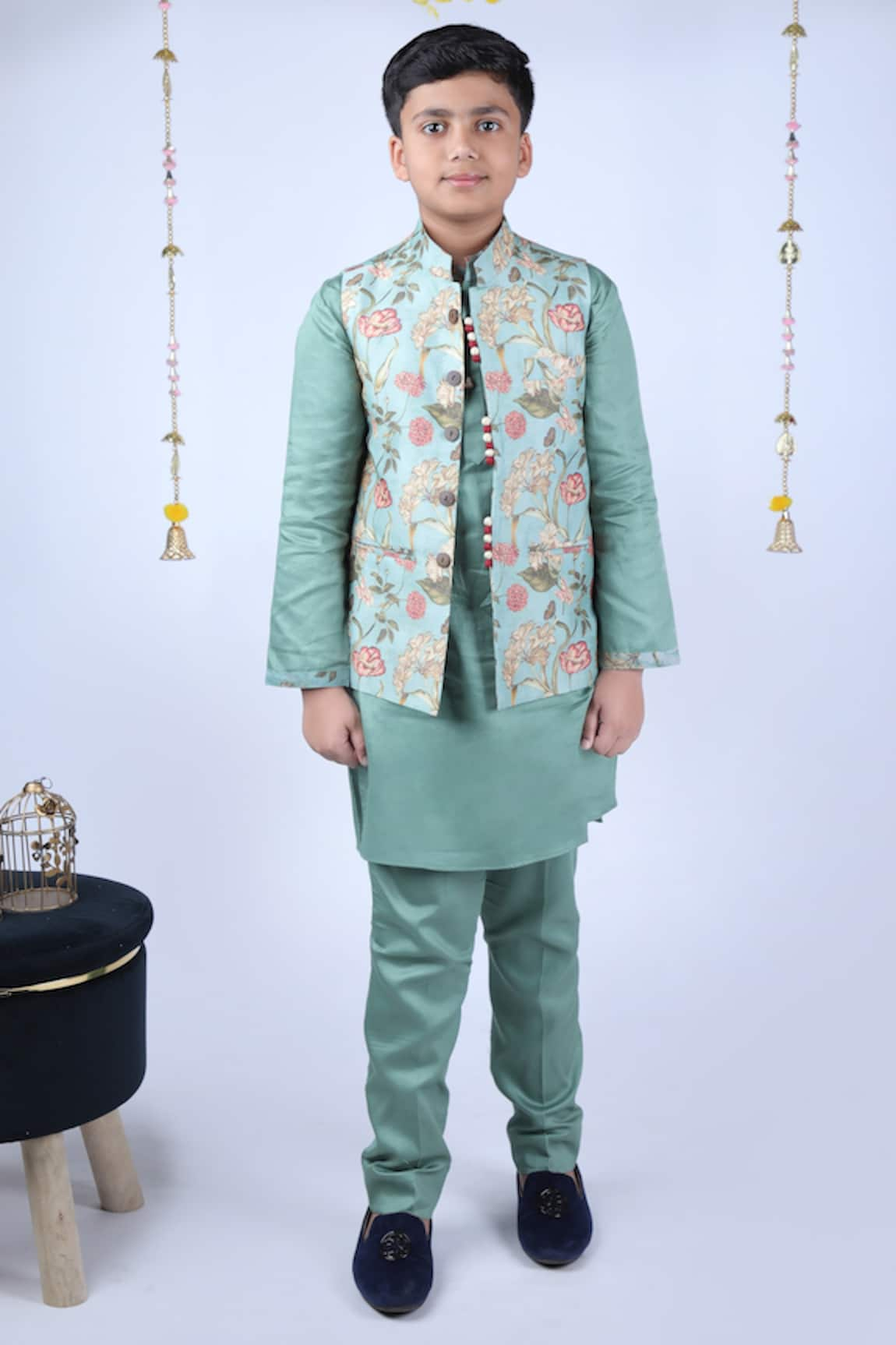 Kids Lane Floral Print Bundi & Kurta Set