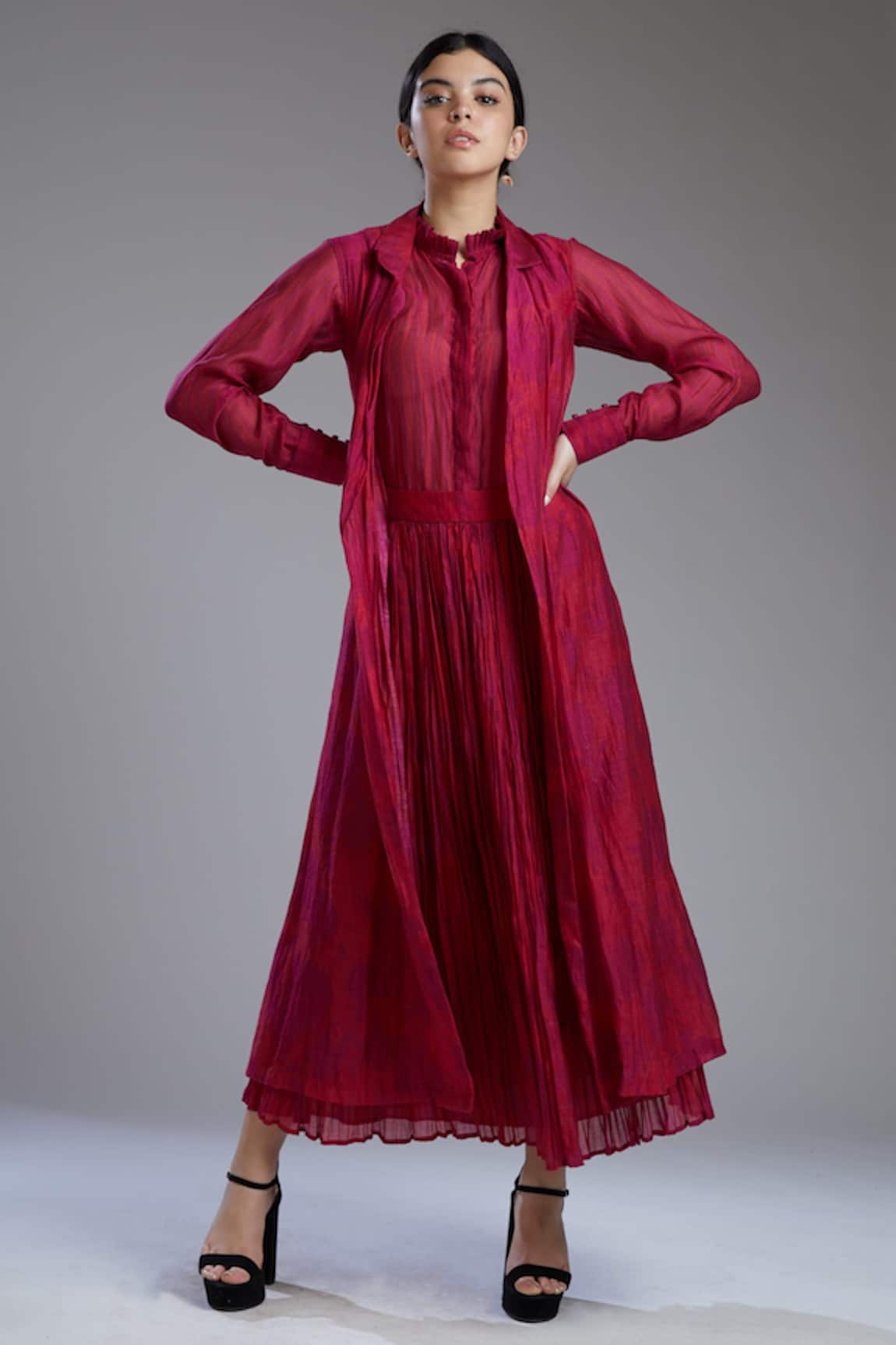 KoAi Printed Chanderi Silk Long Jacket