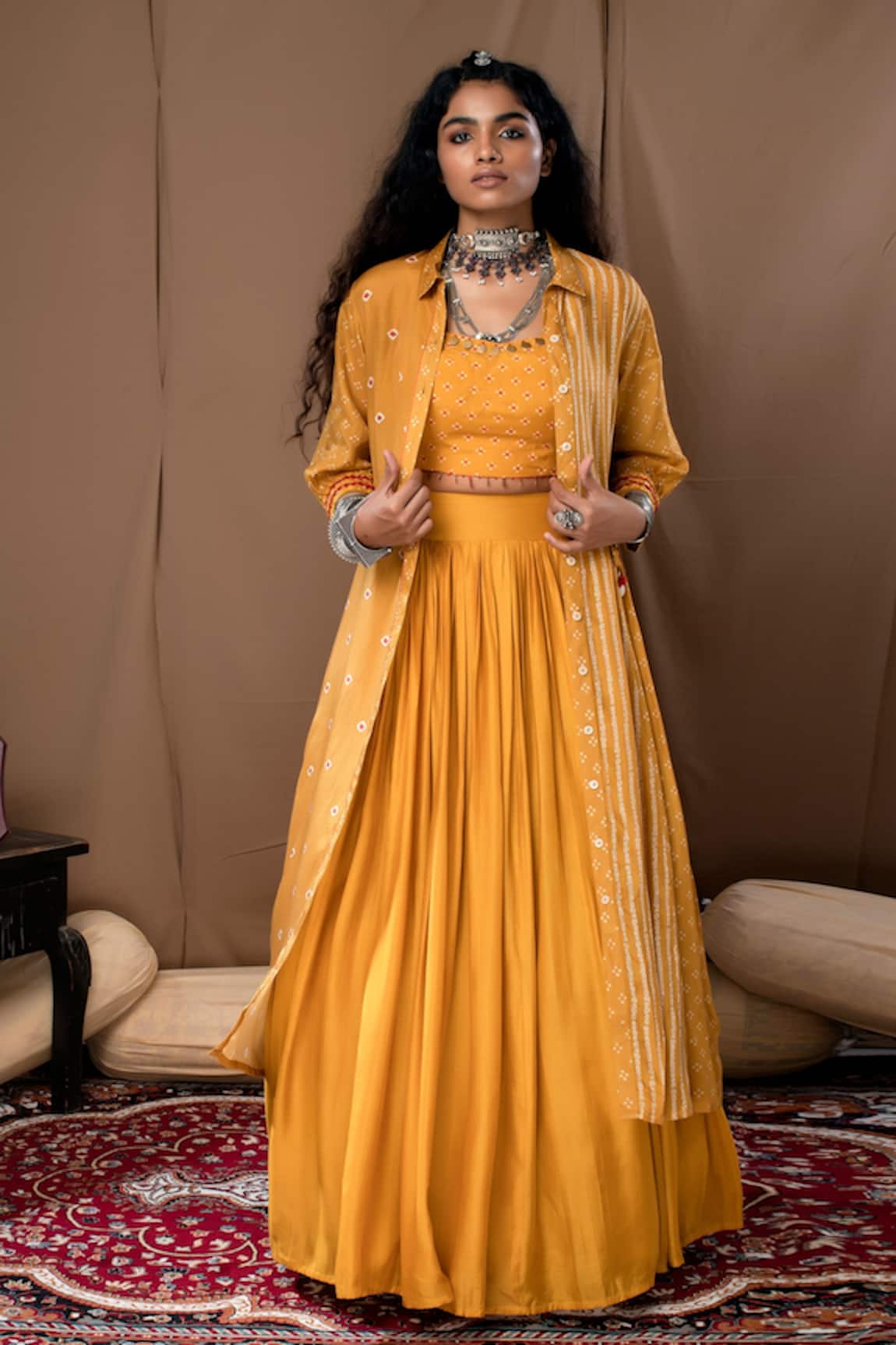 Label Kinjal Modi Lehenga Set With Bandhani Cape