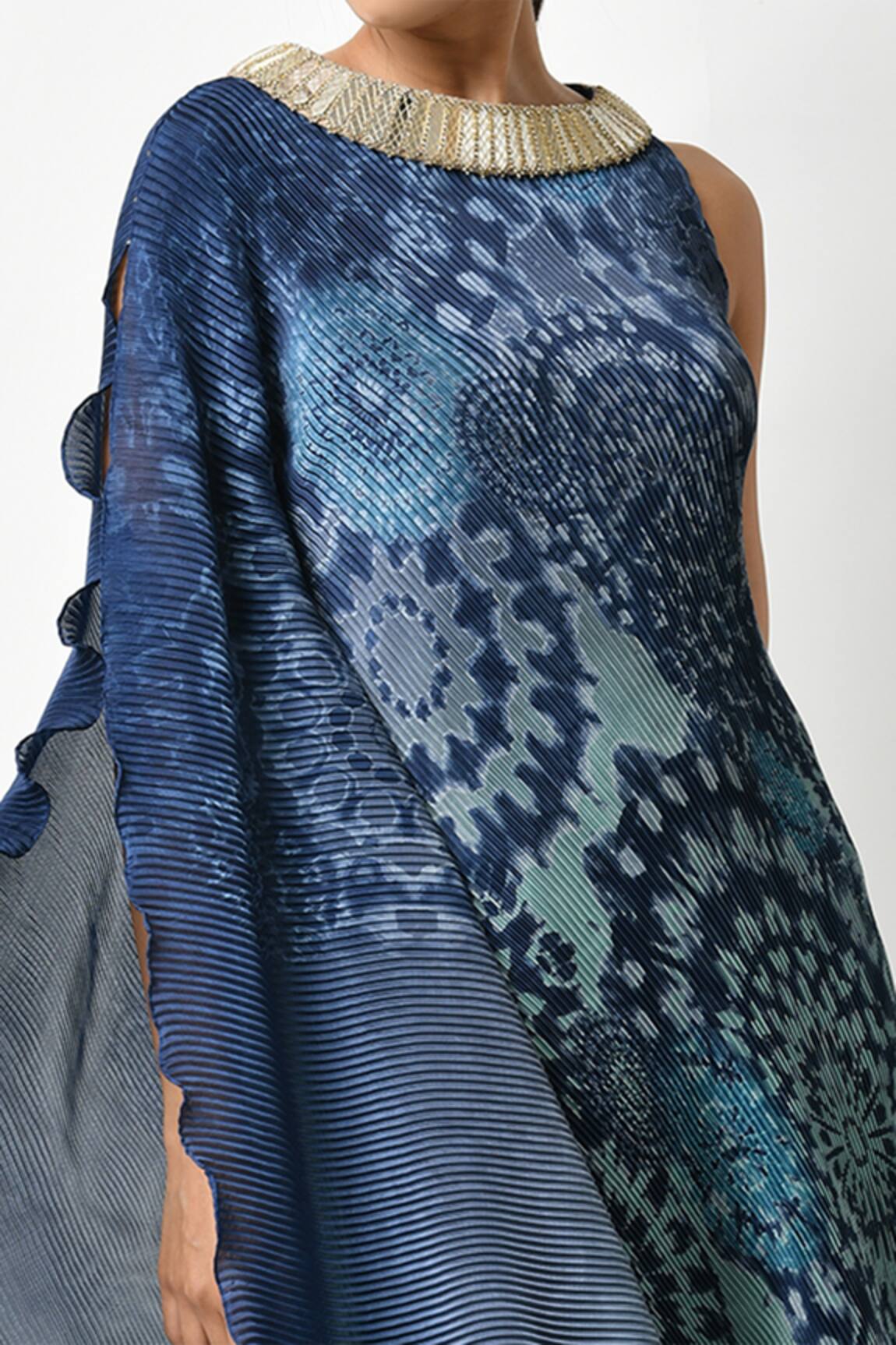 Kiran Uttam Ghosh - Blue Pleated Polyester Mix Printed Batik Motifs Round  Draped Dress For Women