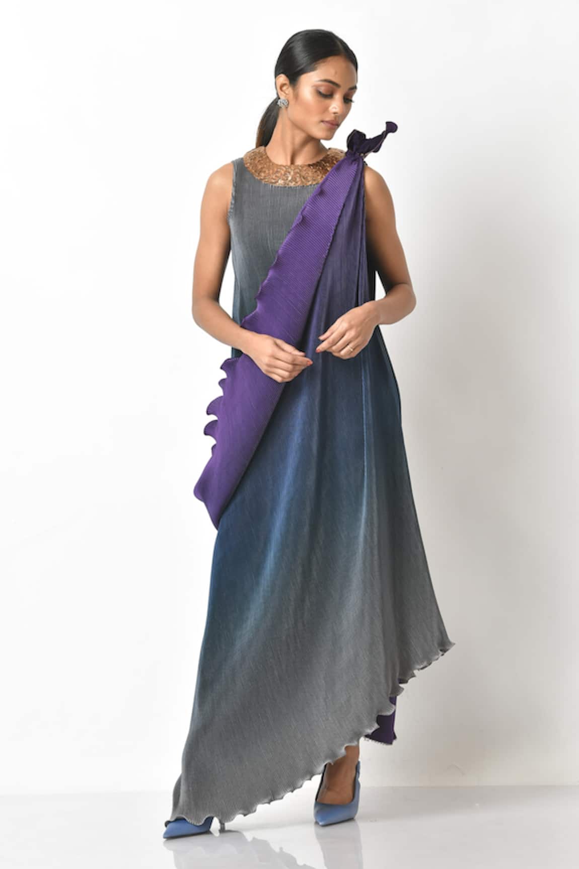 Kiran Uttam Ghosh Pleated Gown With Drape 